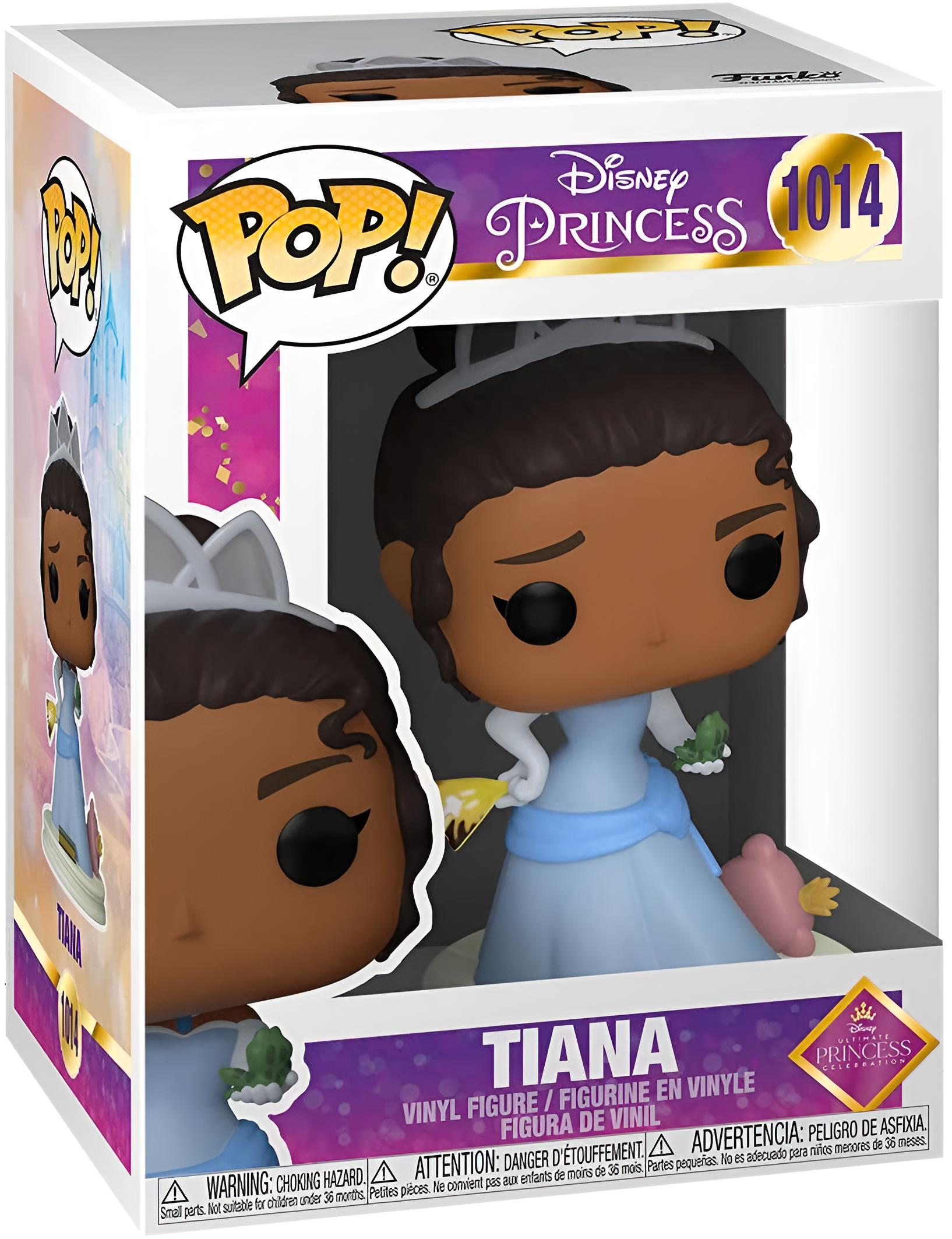 Eine Funko Pop-Box mit Tiana aus Disneys Küss den Frosch. Tiana-Figur in einem blauen Kleid.