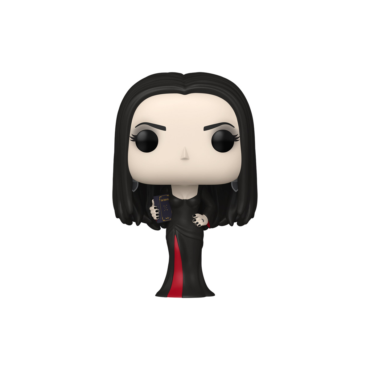 Figurka Funko Pop Morticii Addams. Nosi czarną sukienkę z czerwonym paskiem i trzyma książkę. Czarne włosy, blada skóra i czarne oczy.
