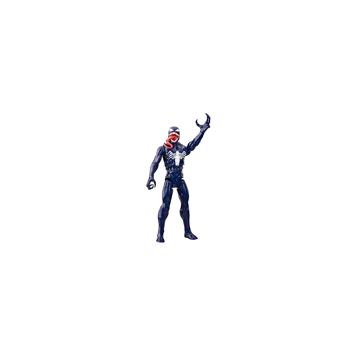 Una action figure di Venom è su uno sfondo bianco. Ha una lunga lingua rossa. Il suo braccio destro è alzato, la mano a forma di artiglio.