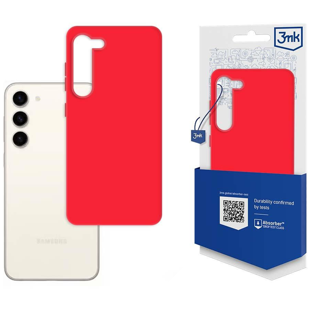 Una custodia rossa per telefono accanto a un telefono Samsung bianco e a una scatola con una custodia rossa. La scatola ha un fondo blu.