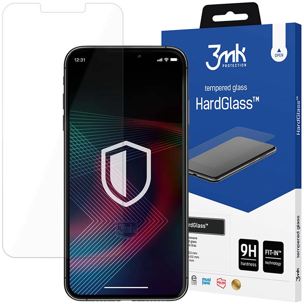 Smartfon z ochraniaczem ekranu, pudełko ze szkłem hartowanym i oddzielny ochraniacz ekranu po lewej stronie.