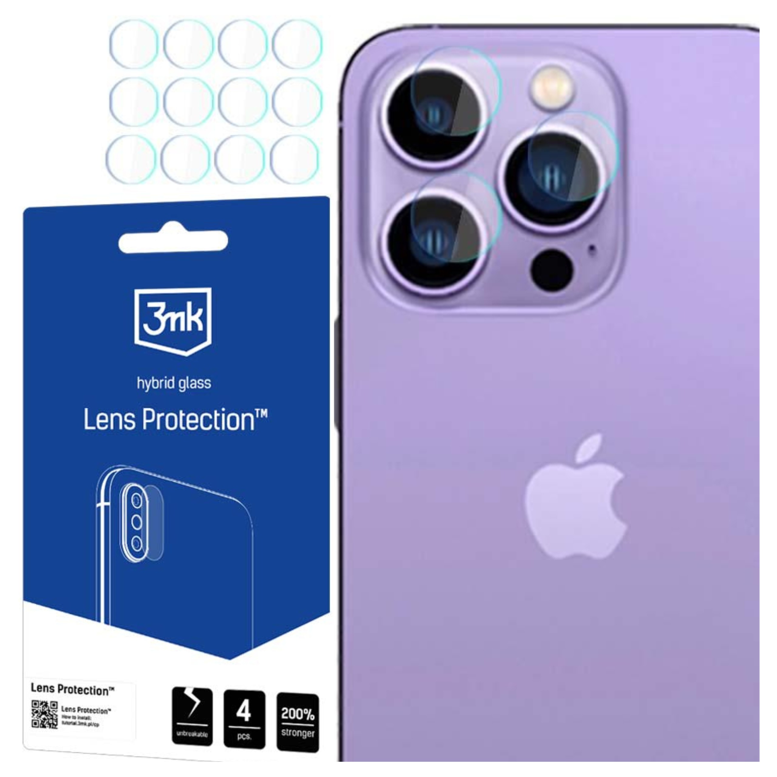 L'immagine mostra un telefono con protezioni per lenti. Una confezione blu mostra il prodotto con testo. Nove protezioni per lenti sono visibili.