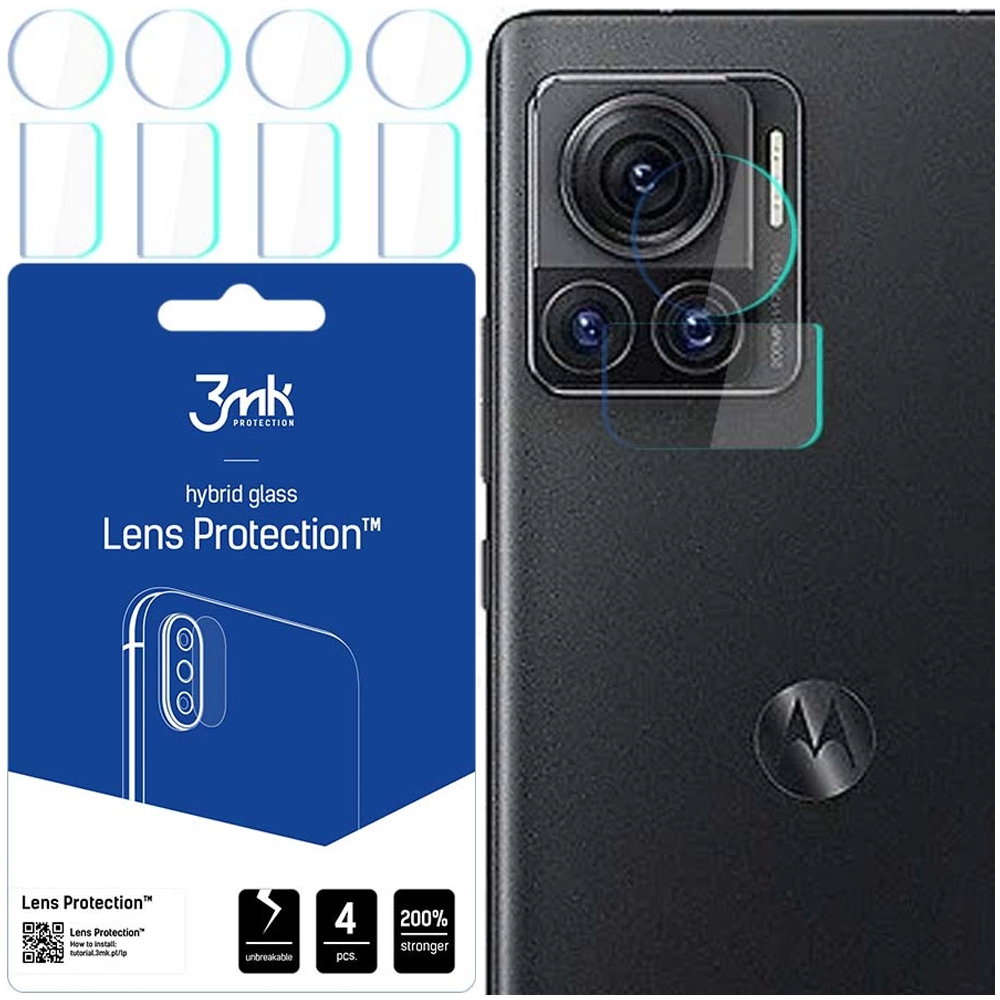 Un kit di protezione per l'obiettivo del telefono. Include un telefono e una confezione blu con protezione dell'obiettivo. La confezione contiene testo e icone.