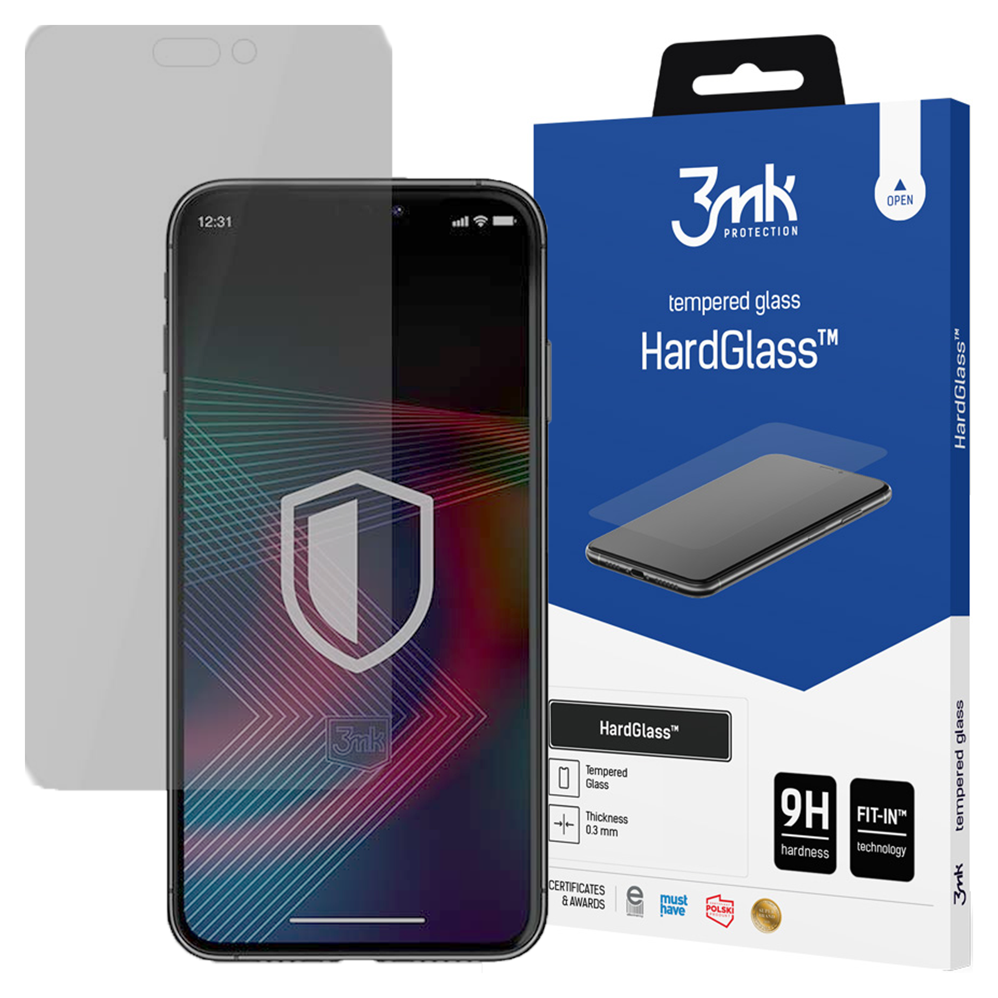 Wyświetlany jest smartfon z ochroną ekranu, pudełkiem HardGlass i ochroną ekranu. Telefon wyświetla kolorową grafikę.