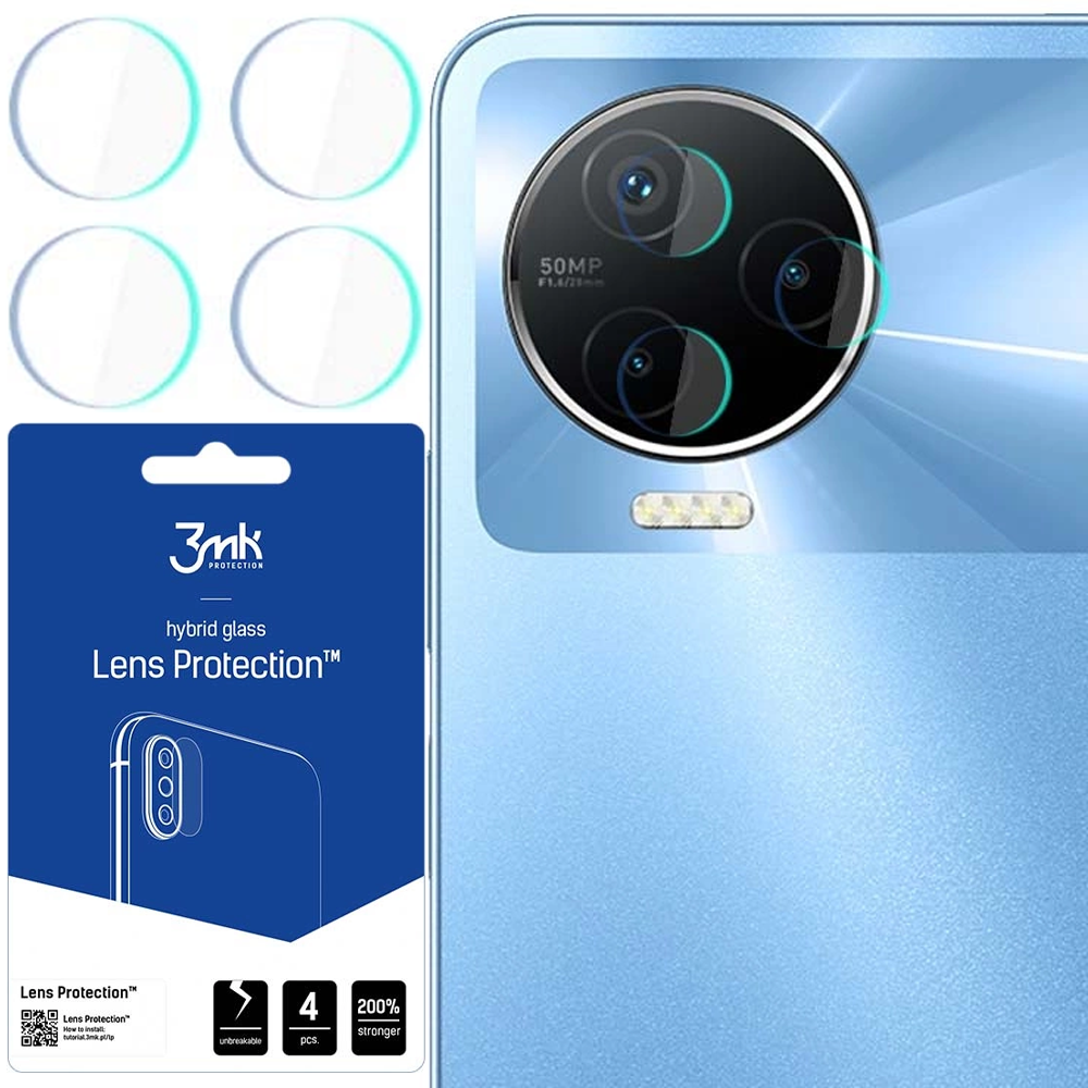 L'immagine mostra protezioni per lenti del telefono, un telefono con fotocamera e confezione. Le protezioni sono cerchi trasparenti. La confezione è blu.