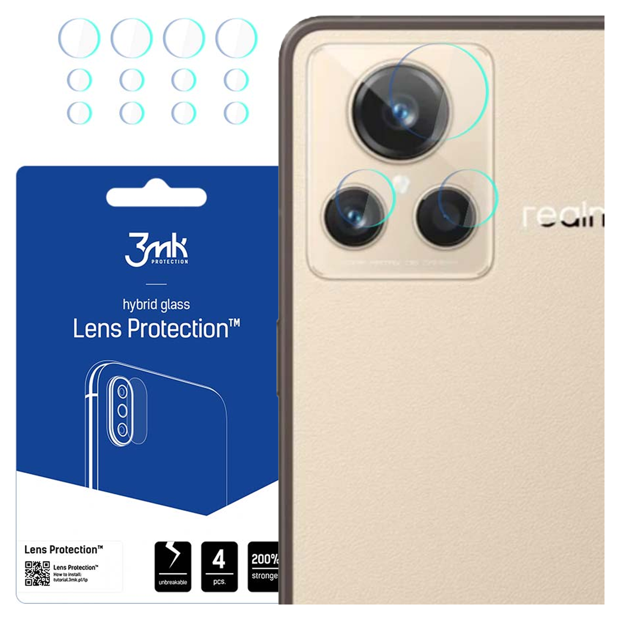 Un telefono con protezioni per lenti. Una scatola blu con informazioni sul prodotto. Le protezioni per lenti sono sulle lenti della fotocamera.
