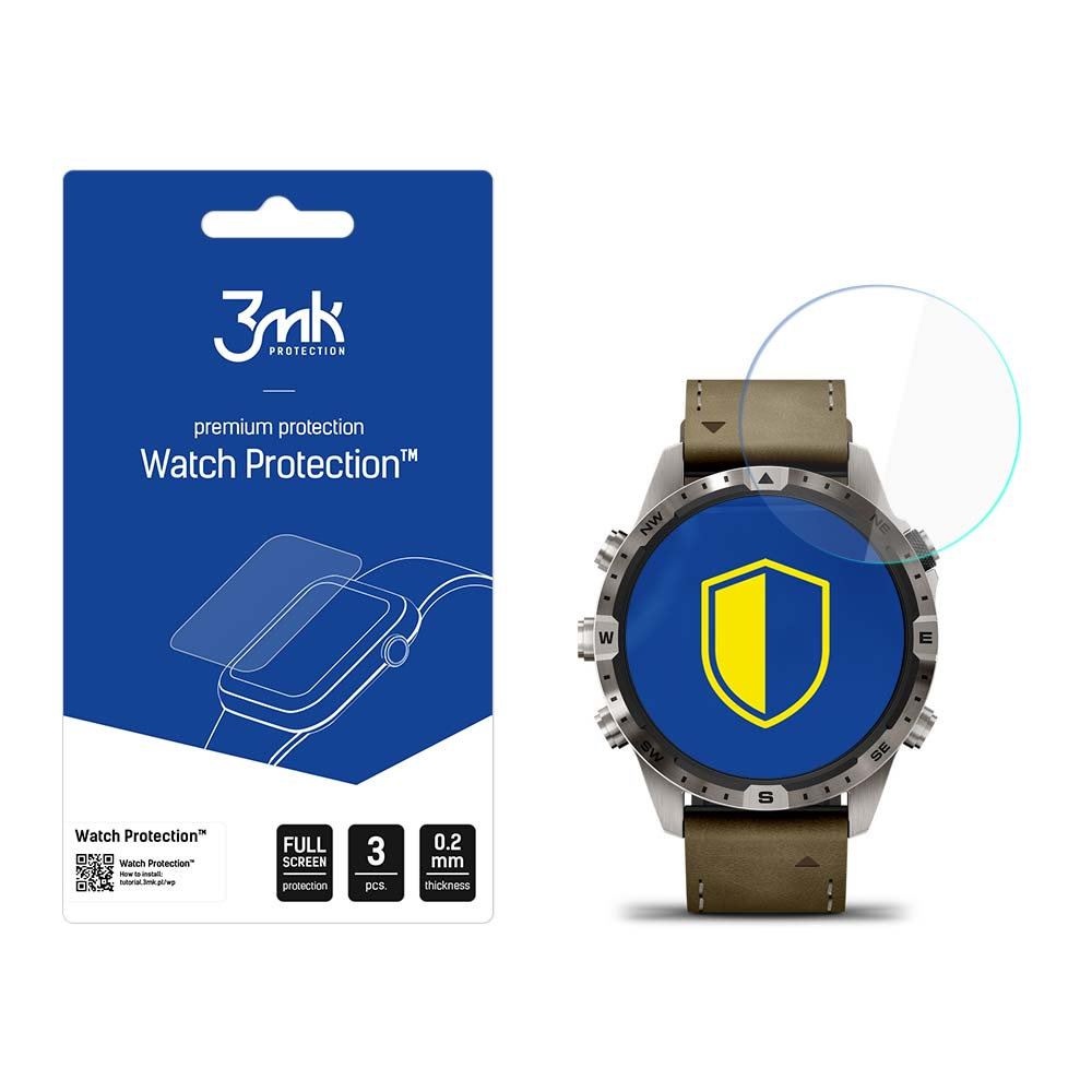 Un orologio e una confezione di protezione dello schermo. L'orologio ha uno scudo giallo sullo schermo. La confezione contiene dettagli del prodotto.