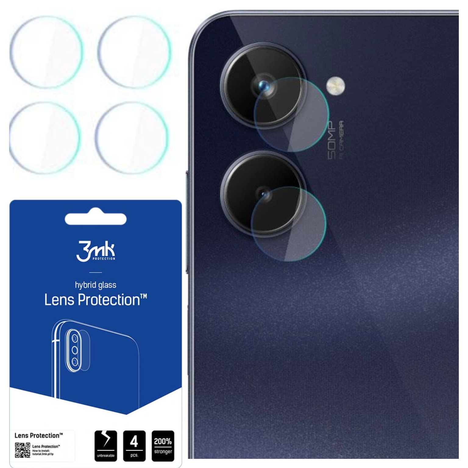 L'immagine mostra protezioni per lenti, un telefono e una confezione. Sulla confezione c'è scritto 'Lens Protection' e '3mk Protection'.
