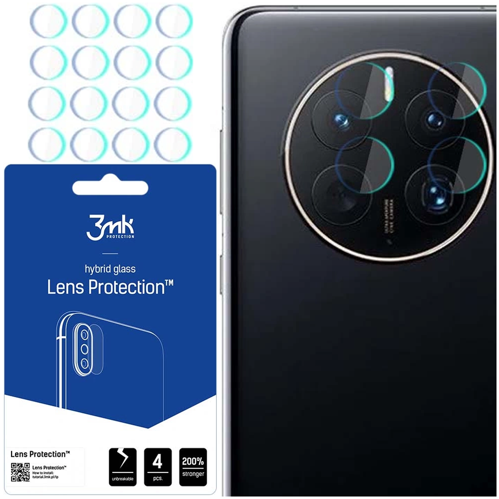 Obraz przedstawia osłony obiektywu telefonu i telefon. Ochraniacze są przezroczyste, telefon jest czarny i jest opakowanie produktu.