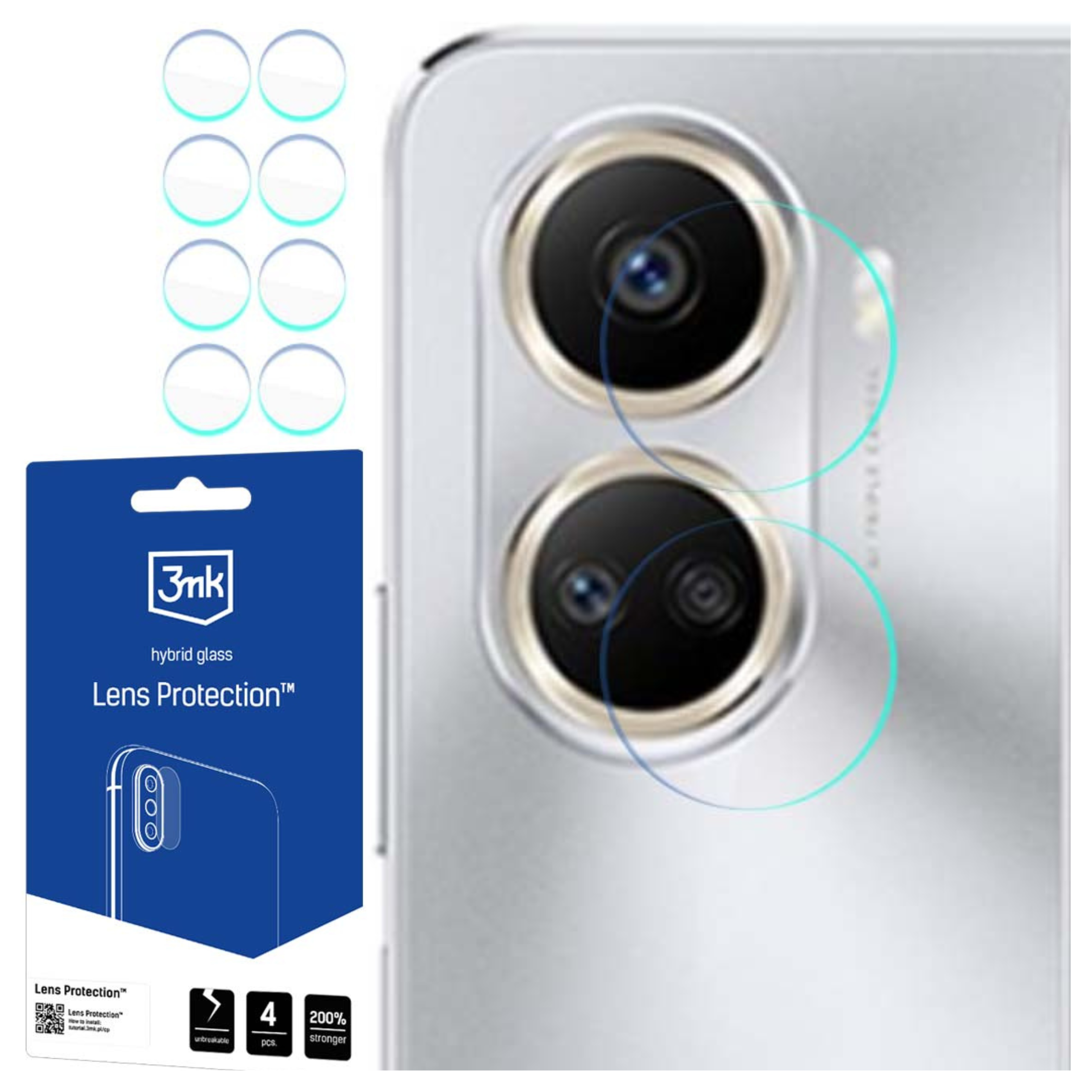 L'immagine mostra protezioni per lenti del telefono, confezione e un telefono con lenti della fotocamera. Le protezioni sono chiare e rotonde.