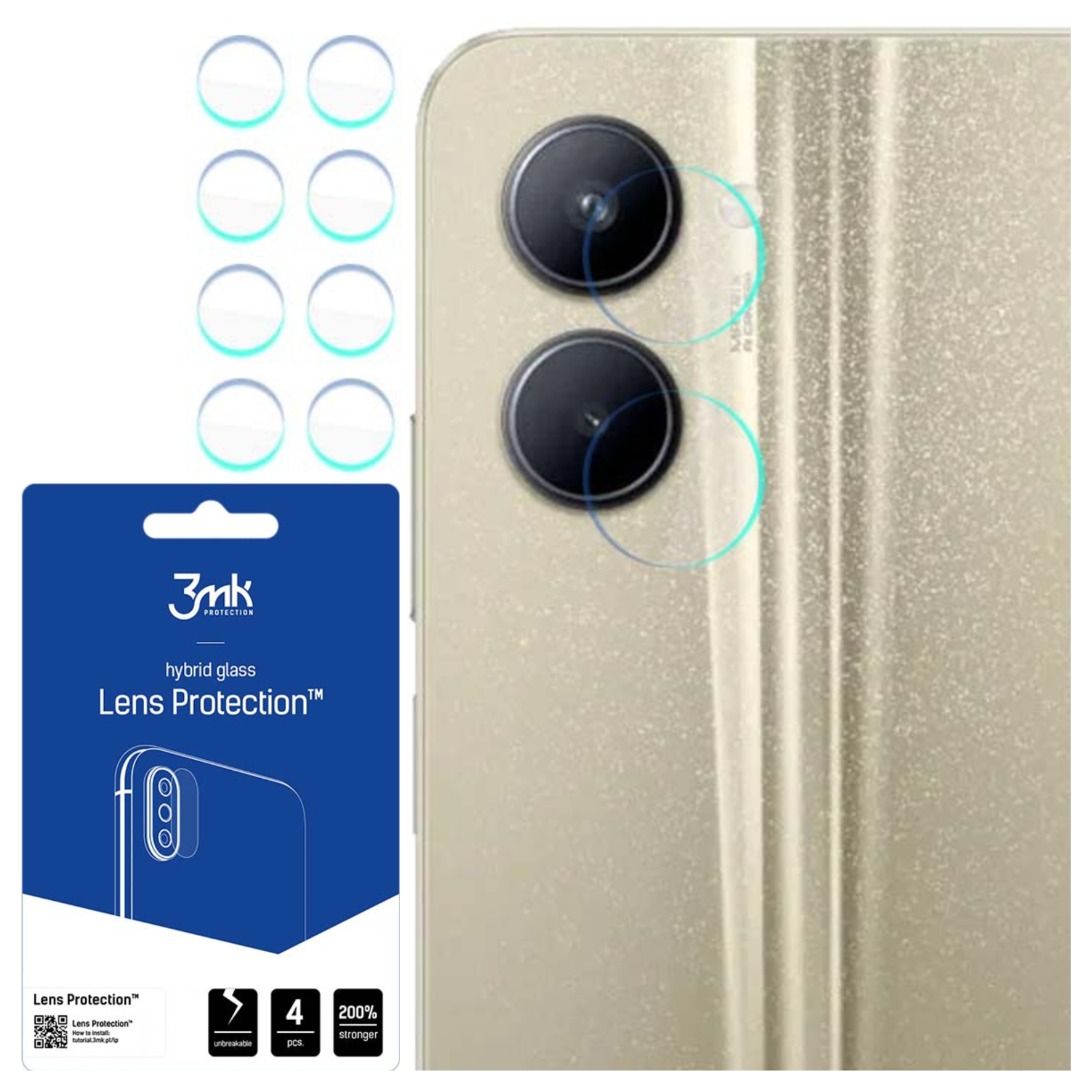 L'immagine mostra un telefono con protezioni per lenti. È visibile una confezione blu con protezioni in vetro e le lenti della fotocamera di un telefono.