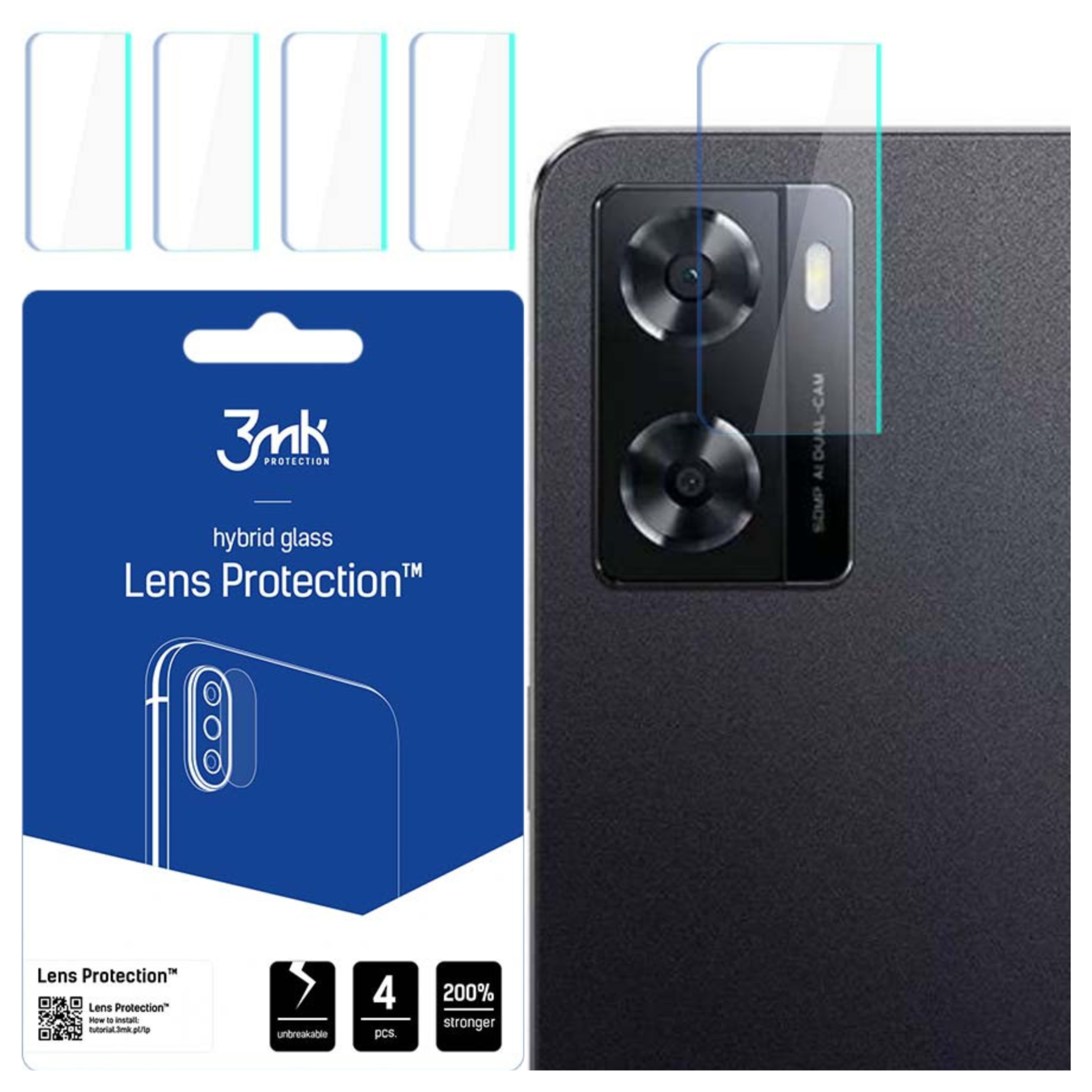 Un kit di protezione per lenti del telefono con 4 protezioni, un telefono e una confezione blu. Testo: 'Lens Protection'.
