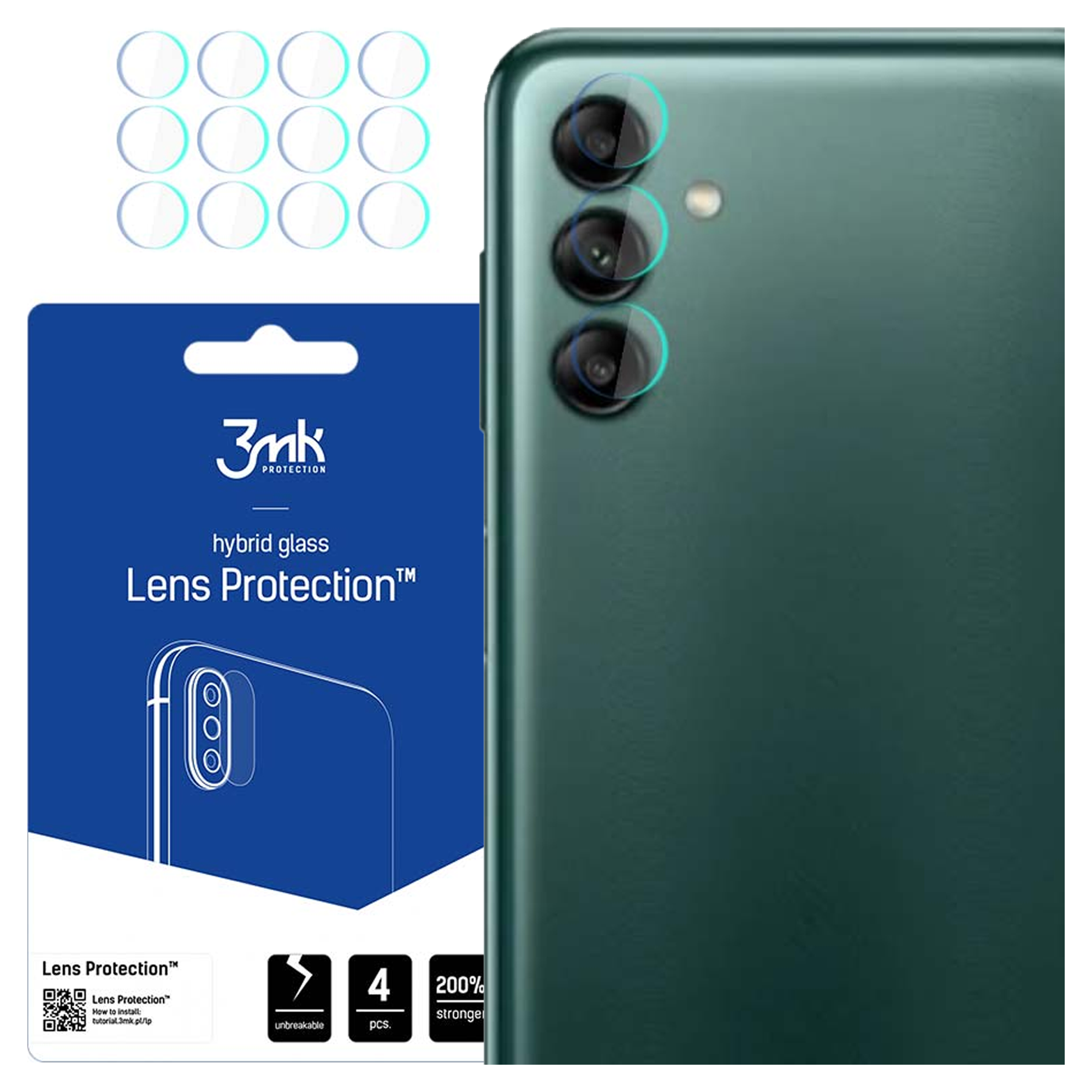 Un telefono con protezioni per lenti, una confezione blu che mostra la protezione delle lenti e un set di protezioni.