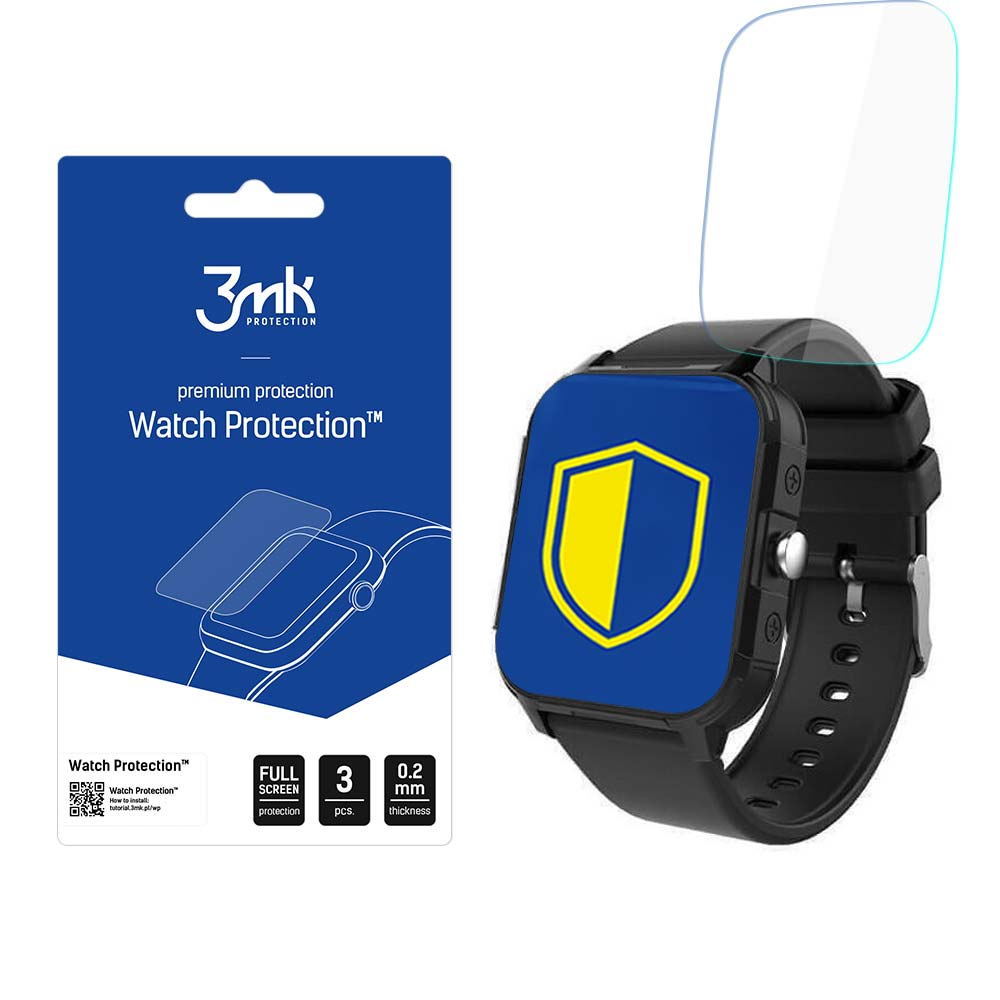 Uno smartwatch con protezione schermo e confezione. La confezione è blu e bianca, con testo di protezione dell'orologio. L'orologio ha uno scudo.