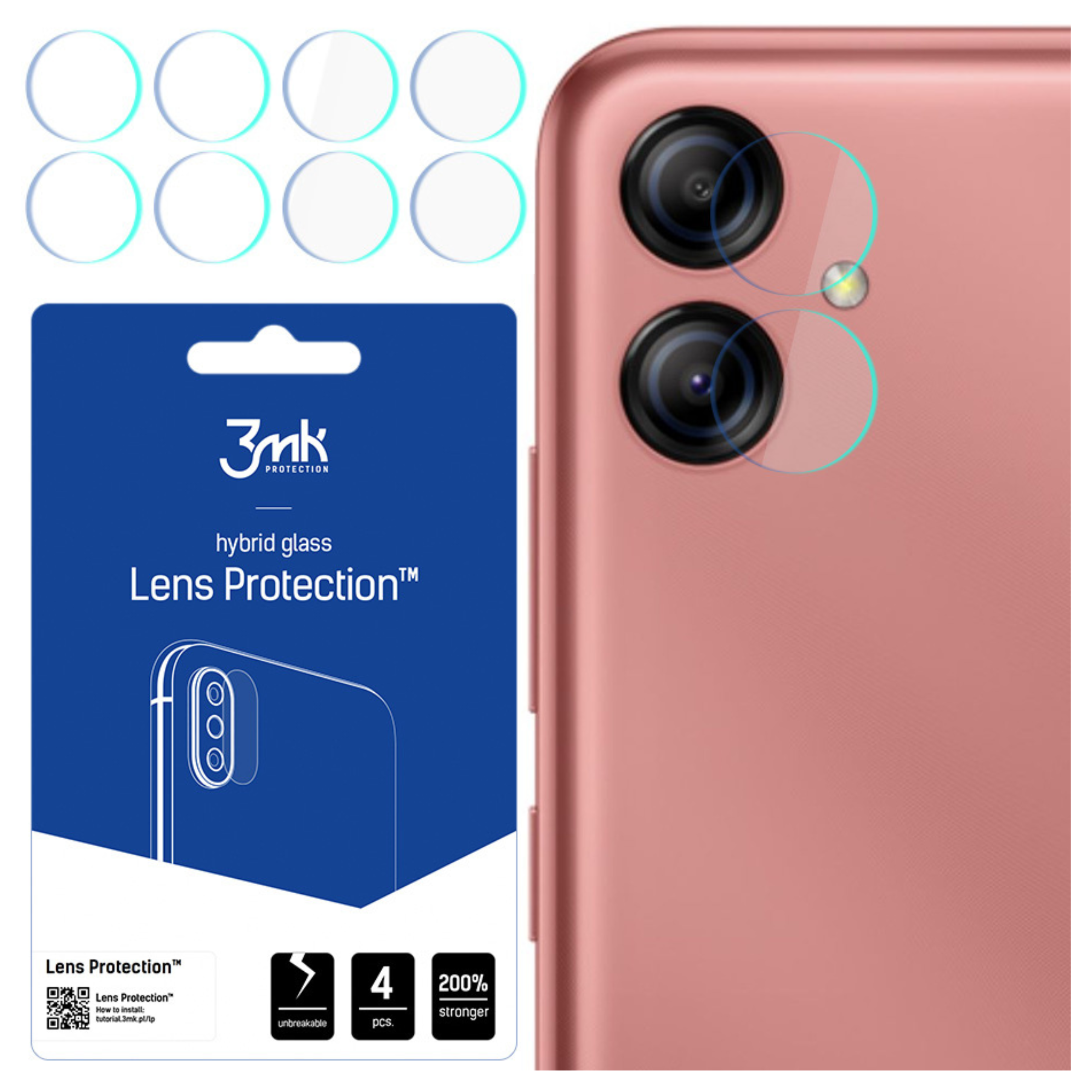 Se muestra un teléfono y un embalaje de protector de pantalla. El protector es para la cámara del teléfono.