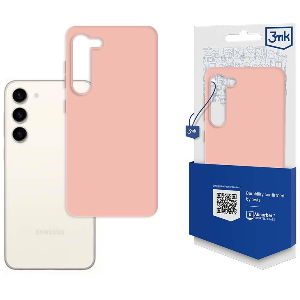 Un telefono e una custodia rosa. La custodia è in una confezione. Il telefono è bianco.