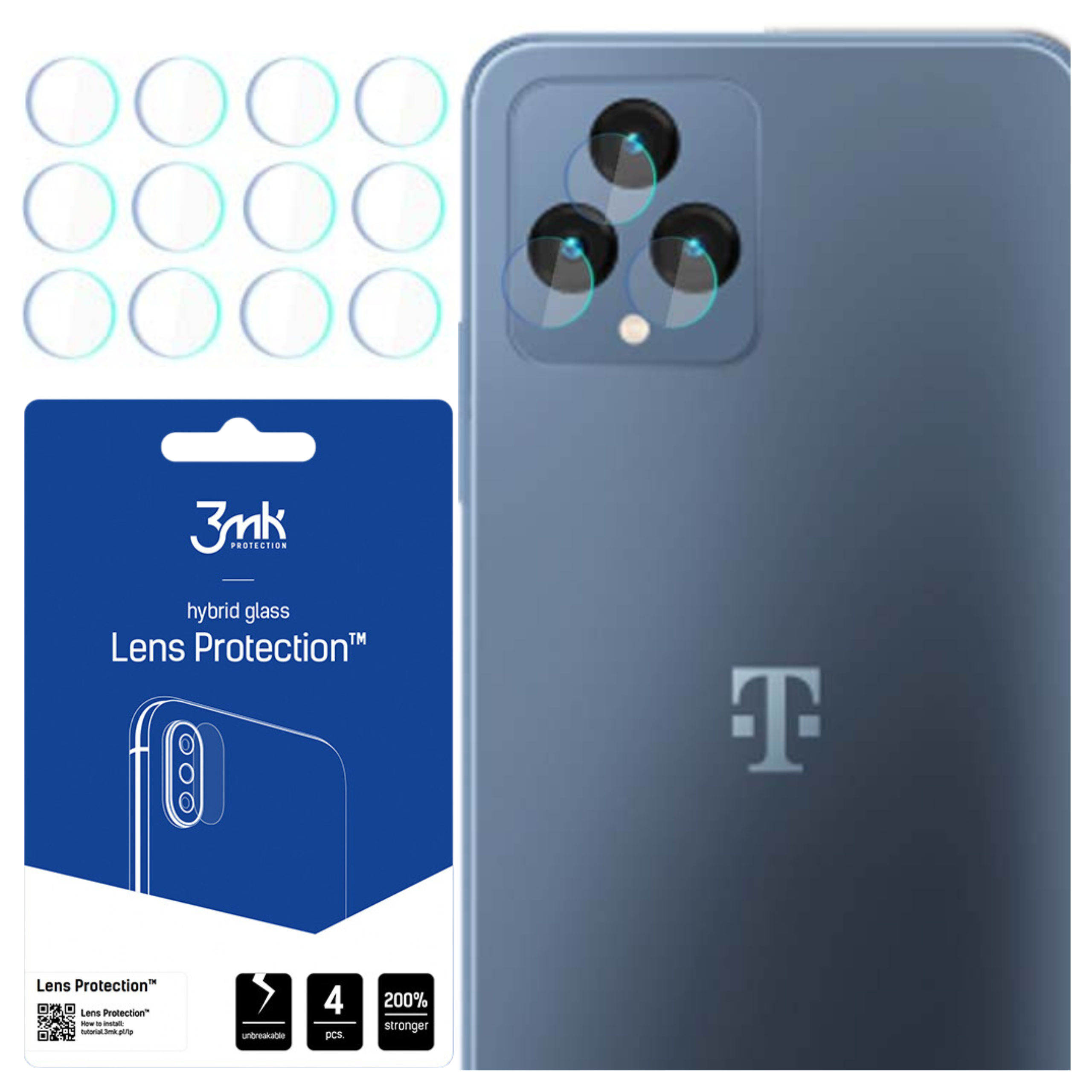 Sono mostrati un telefono e protezioni per lenti. Il telefono ha un logo T-Mobile. La confezione mostra il marchio 3mk.