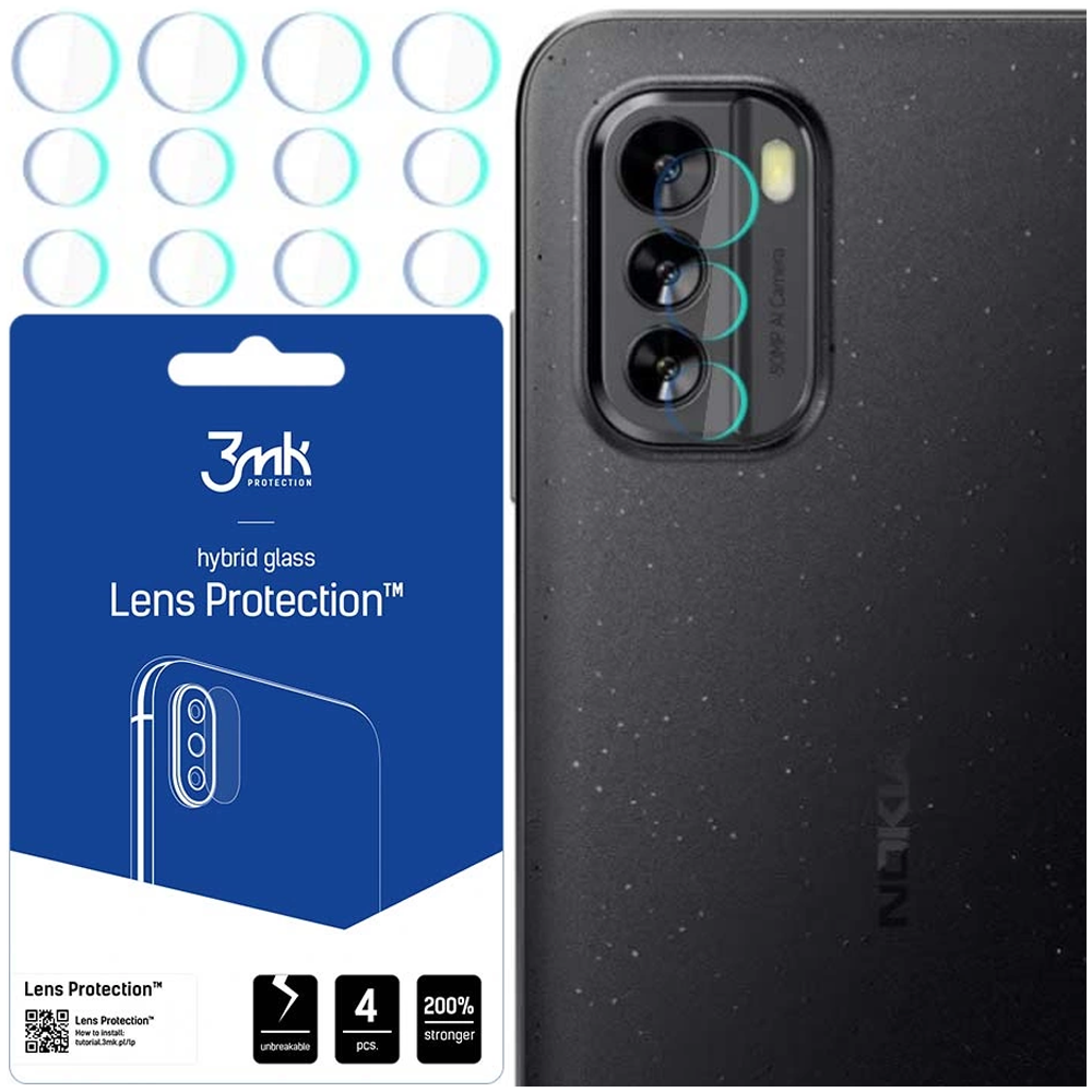 Una custodia per telefono con protezione fotocamera, un pacchetto blu Lens Protection e 12 protezioni per lenti.