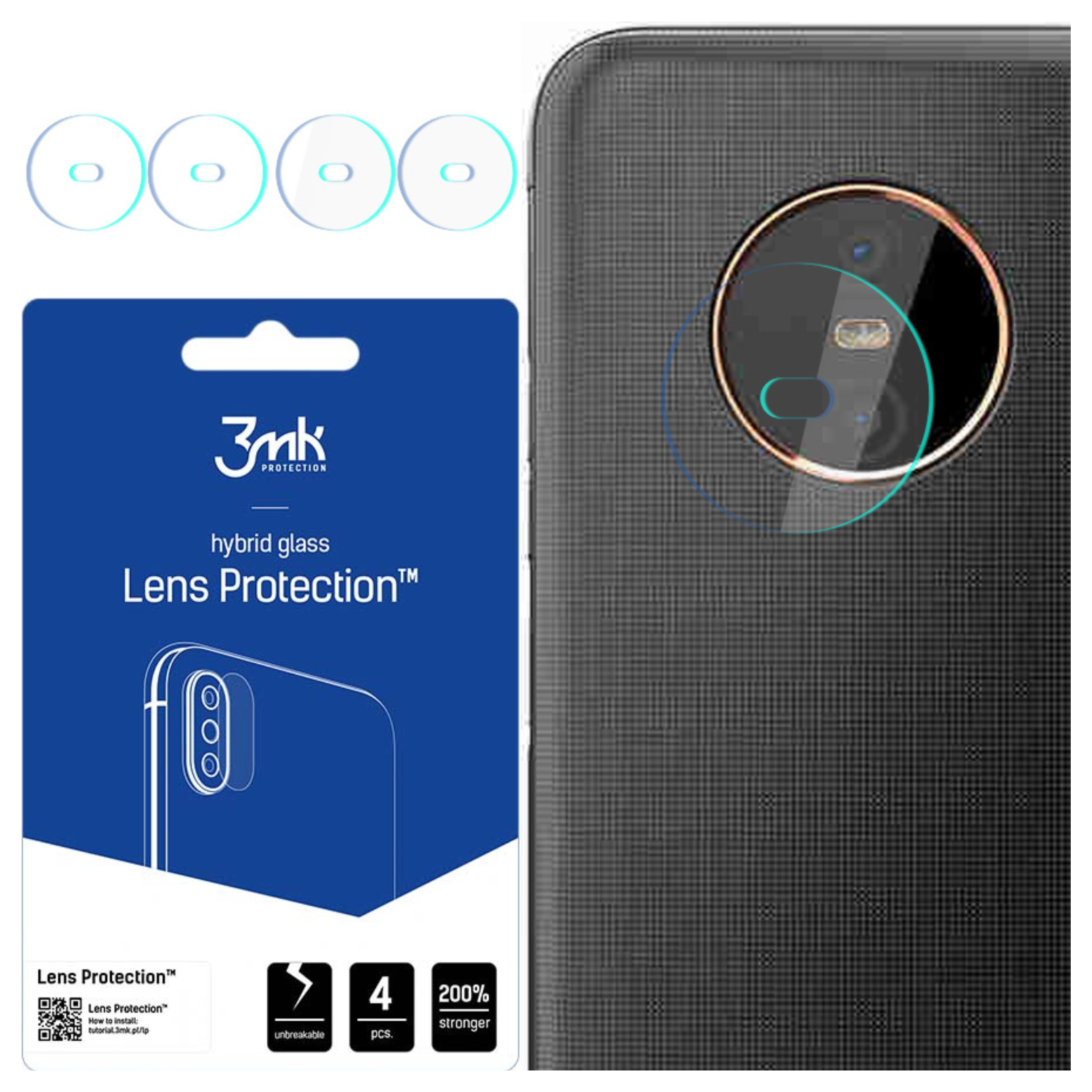 L'immagine mostra un telefono con protezioni per lenti, una confezione blu e quattro protezioni per lenti sopra. Il testo dice 'Lens Protection'.
