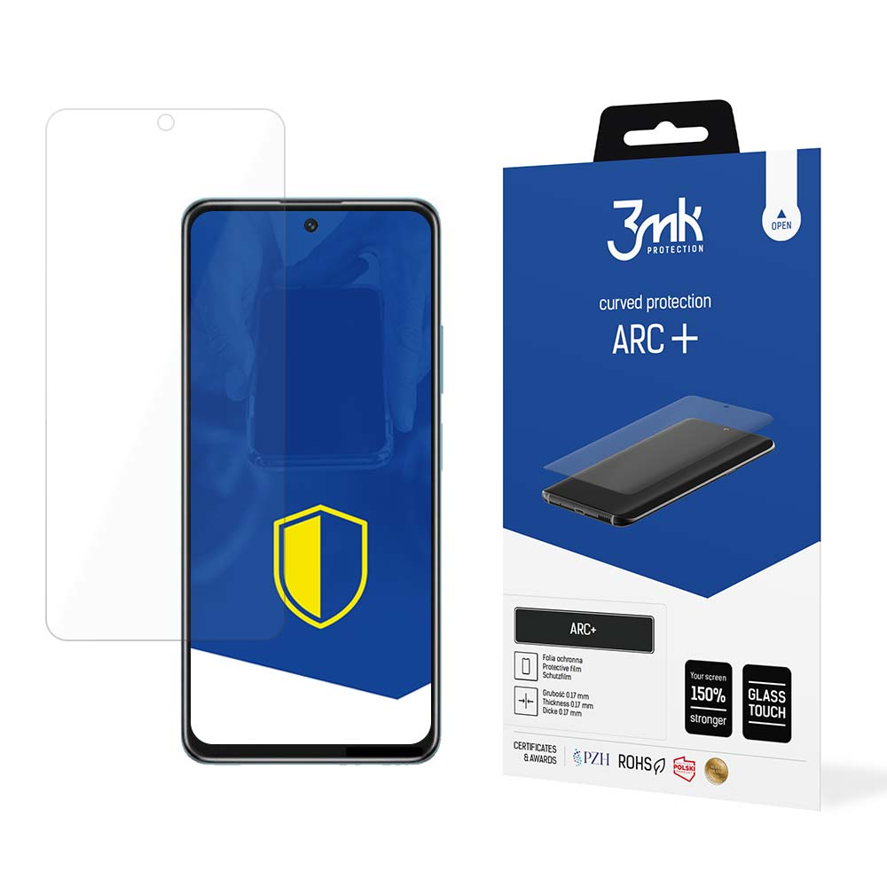 Un telefono con una protezione per lo schermo e una scatola di protezione per lo schermo con il marchio '3mk Protection' e il testo 'ARC+'.