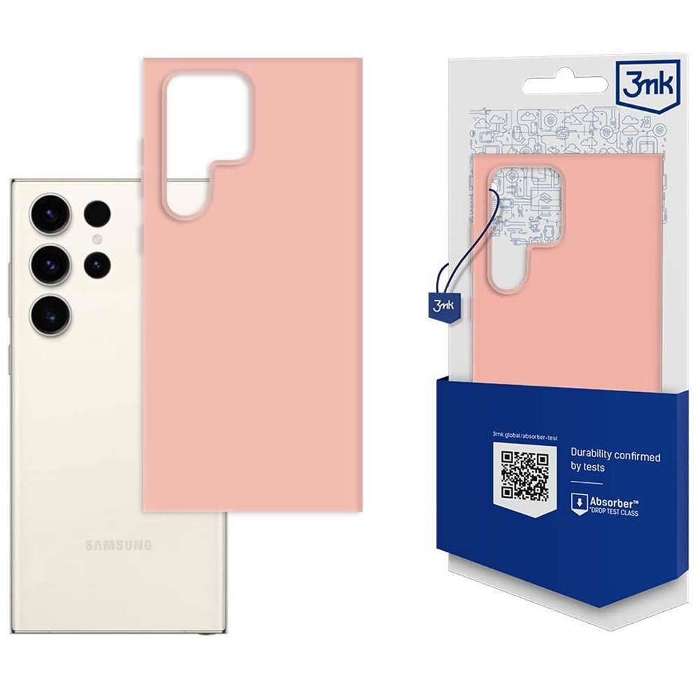 Telefon i dwa etui, jedno różowe i drugie w opakowaniu. Telefon jest biały. Opakowanie jest niebiesko-białe.