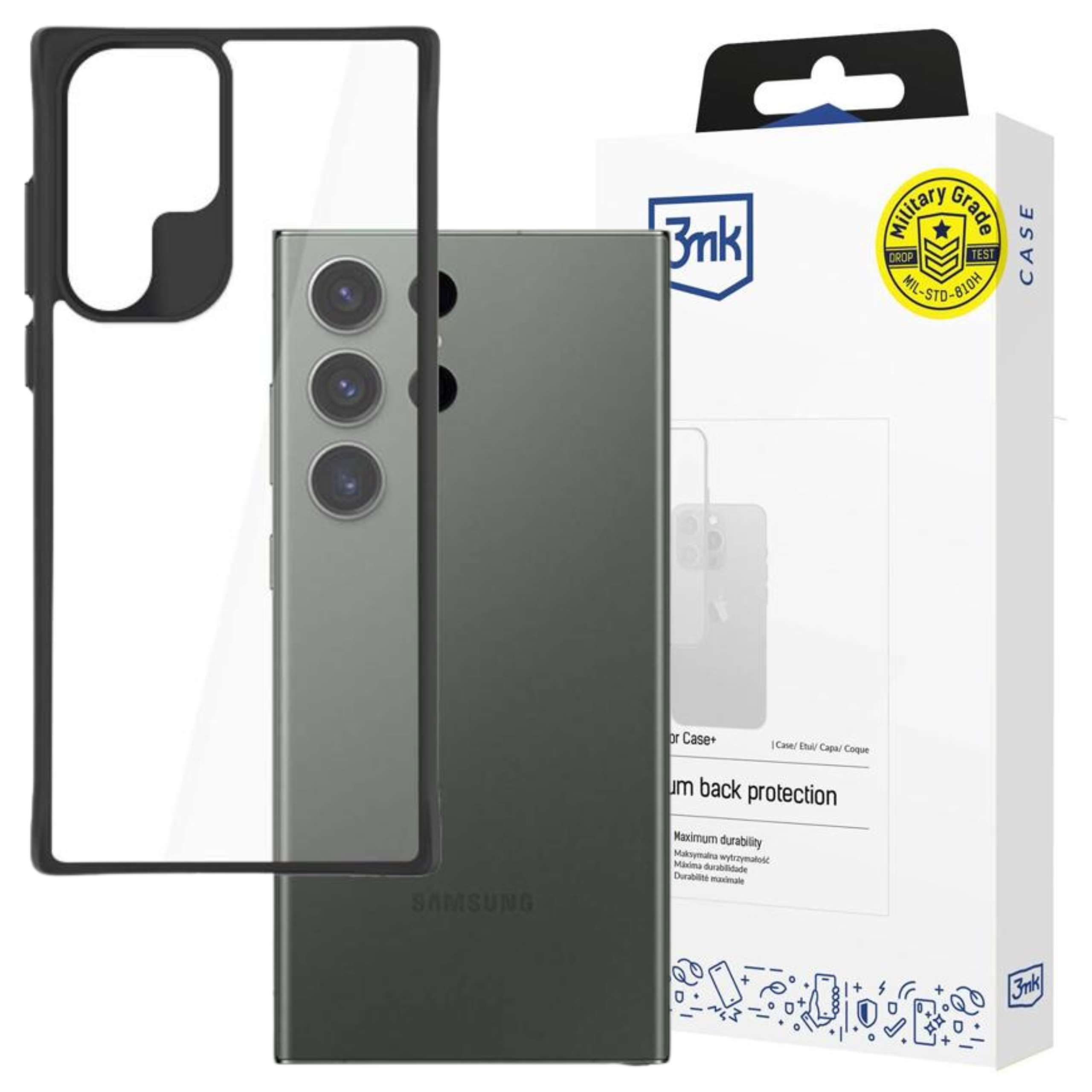 Na zdjęciu widać etui na telefon i telefon z pudełkiem. Etui jest czarne, telefon ciemnoszary.