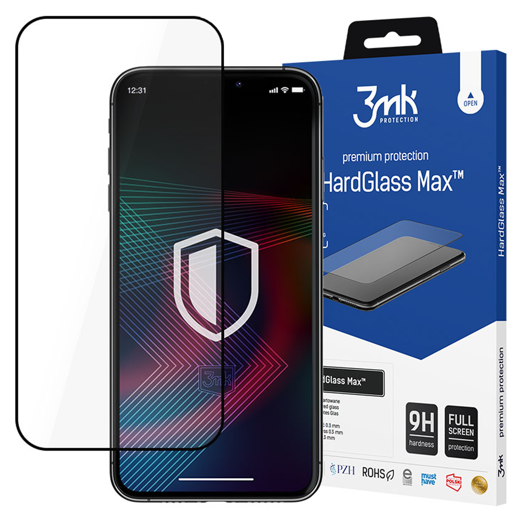 Telefon z ochraniaczem ekranu obok, obok pudełka produktu. Pudełko reklamuje ochraniacz.