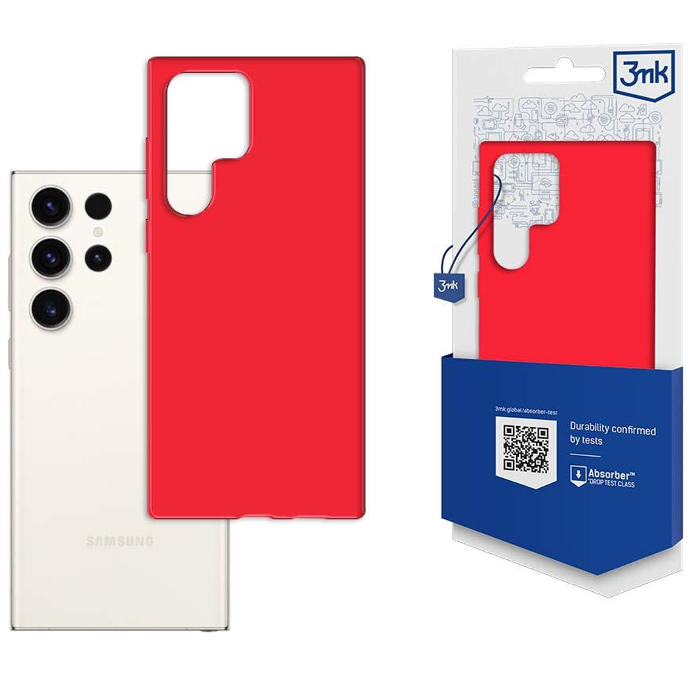 Un telefono Samsung bianco, una custodia rossa e una confezione blu e bianca per la custodia sono mostrati su sfondo bianco.