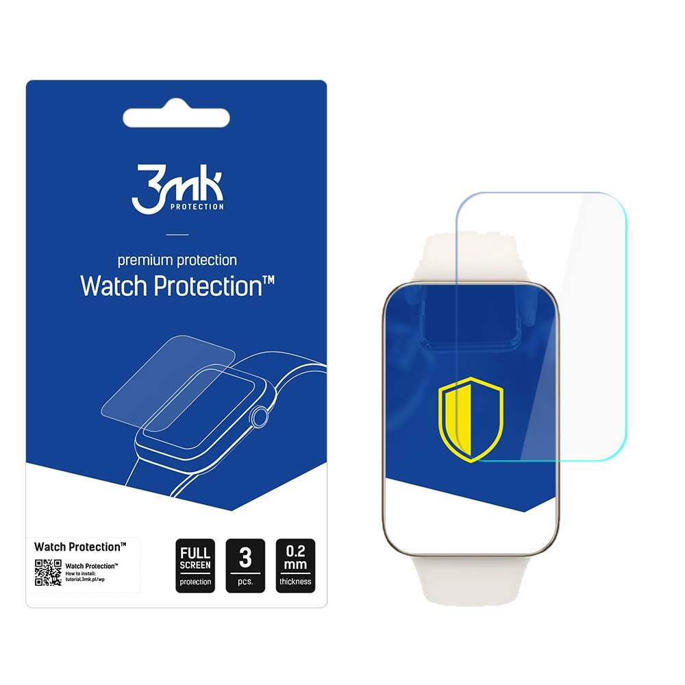 Una confezione blu e bianca per protezioni schermo per orologi, con un orologio e una protezione schermo. Il logo è 3mk protection.