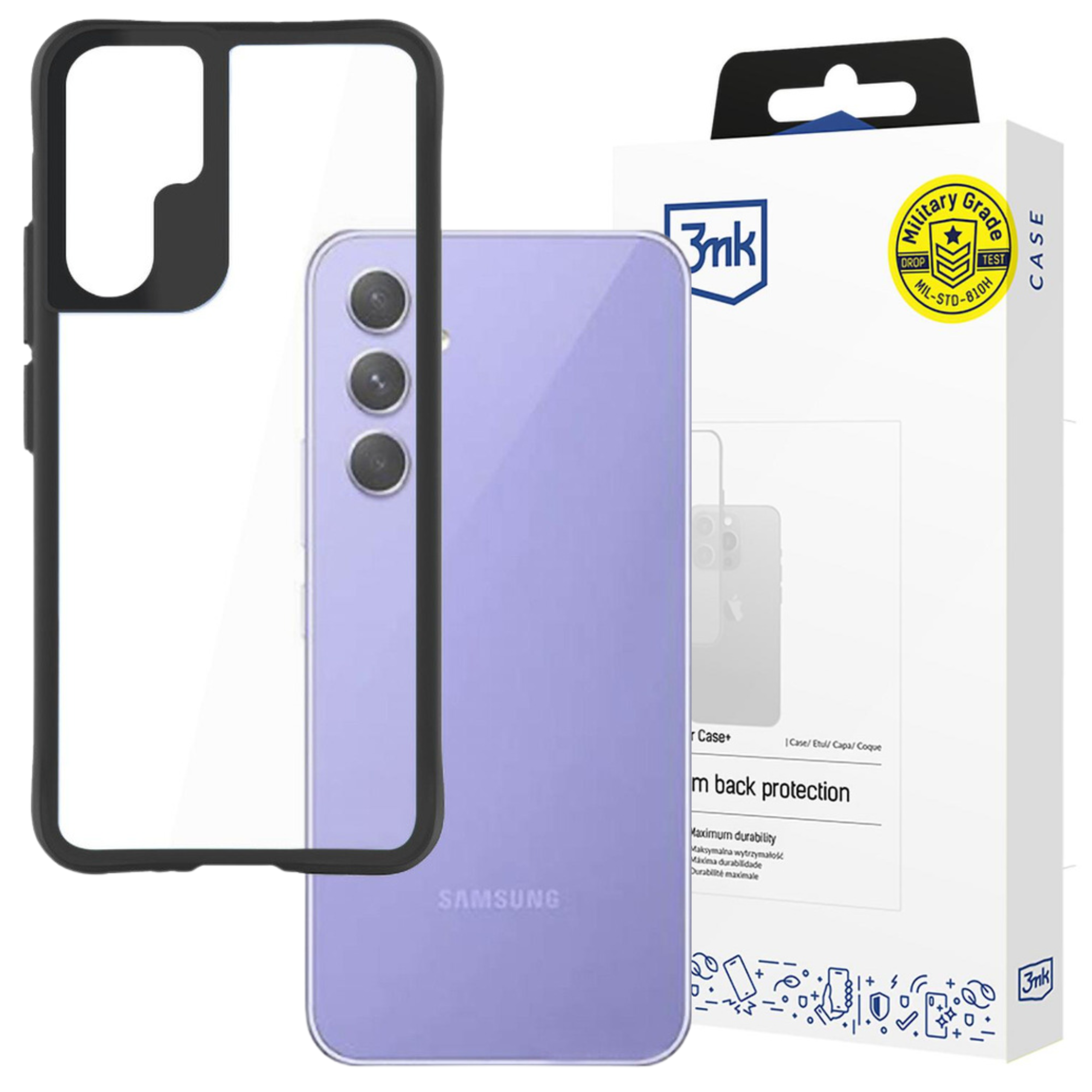 Wyświetlany jest telefon i etui. Telefon jest fioletowy. Czarne etui znajduje się przed białym pudełkiem.