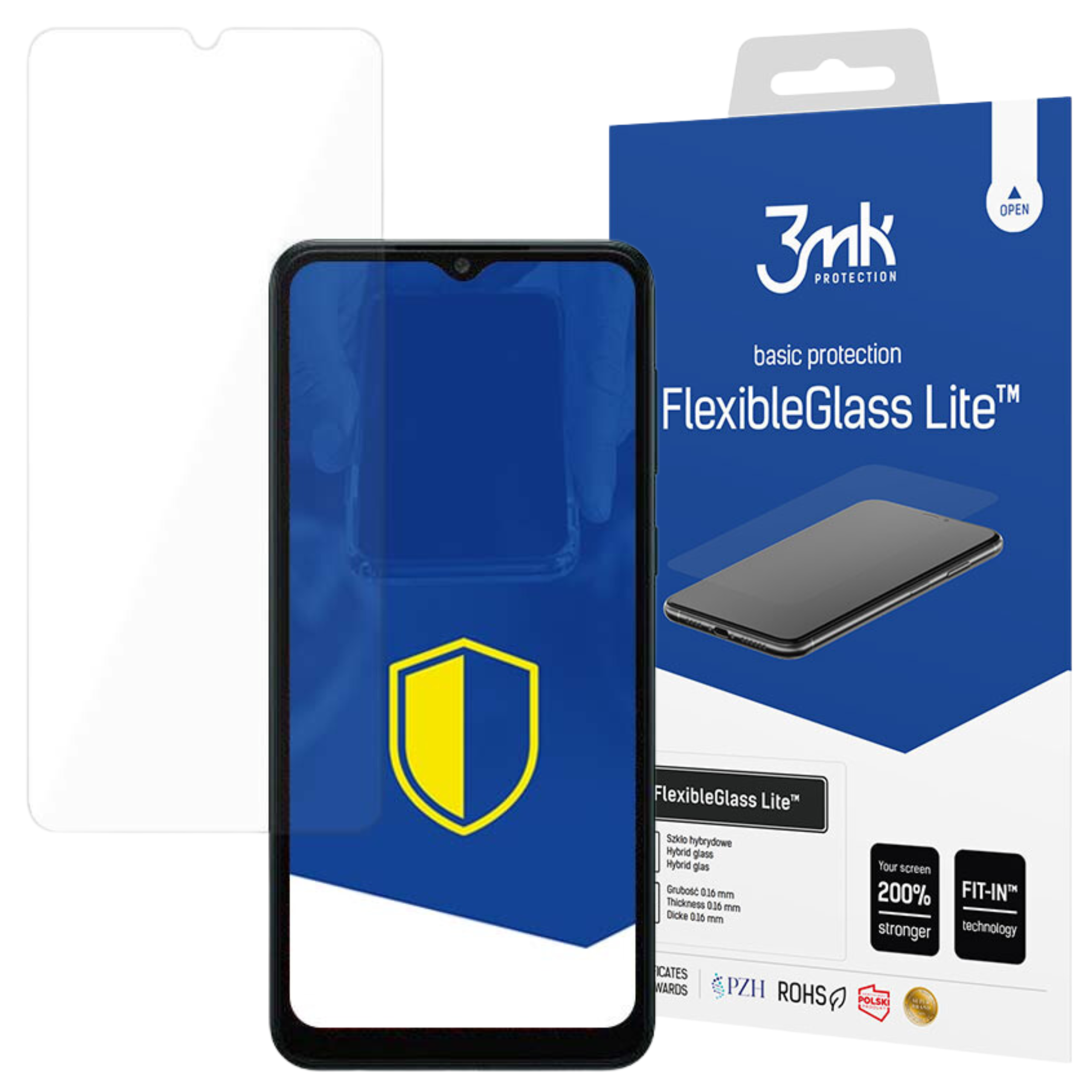 Un telefono con protezione schermo, una confezione del prodotto con FlexibleGlass Lite e uno scudo giallo.