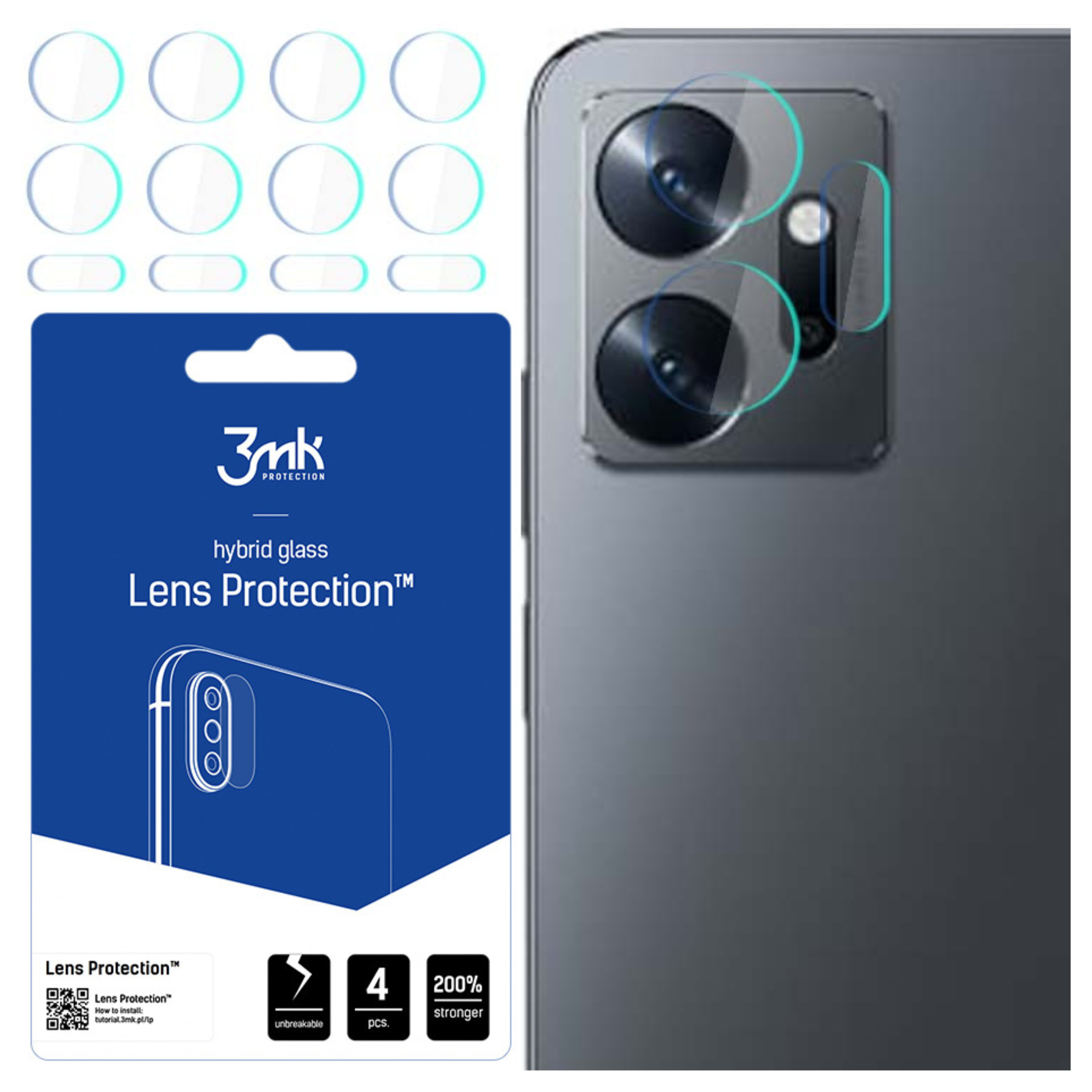 Un telefono e protezioni per lenti. Sulla confezione c'è scritto Protezione lenti. Alcune protezioni sono posizionate sulle lenti della fotocamera.