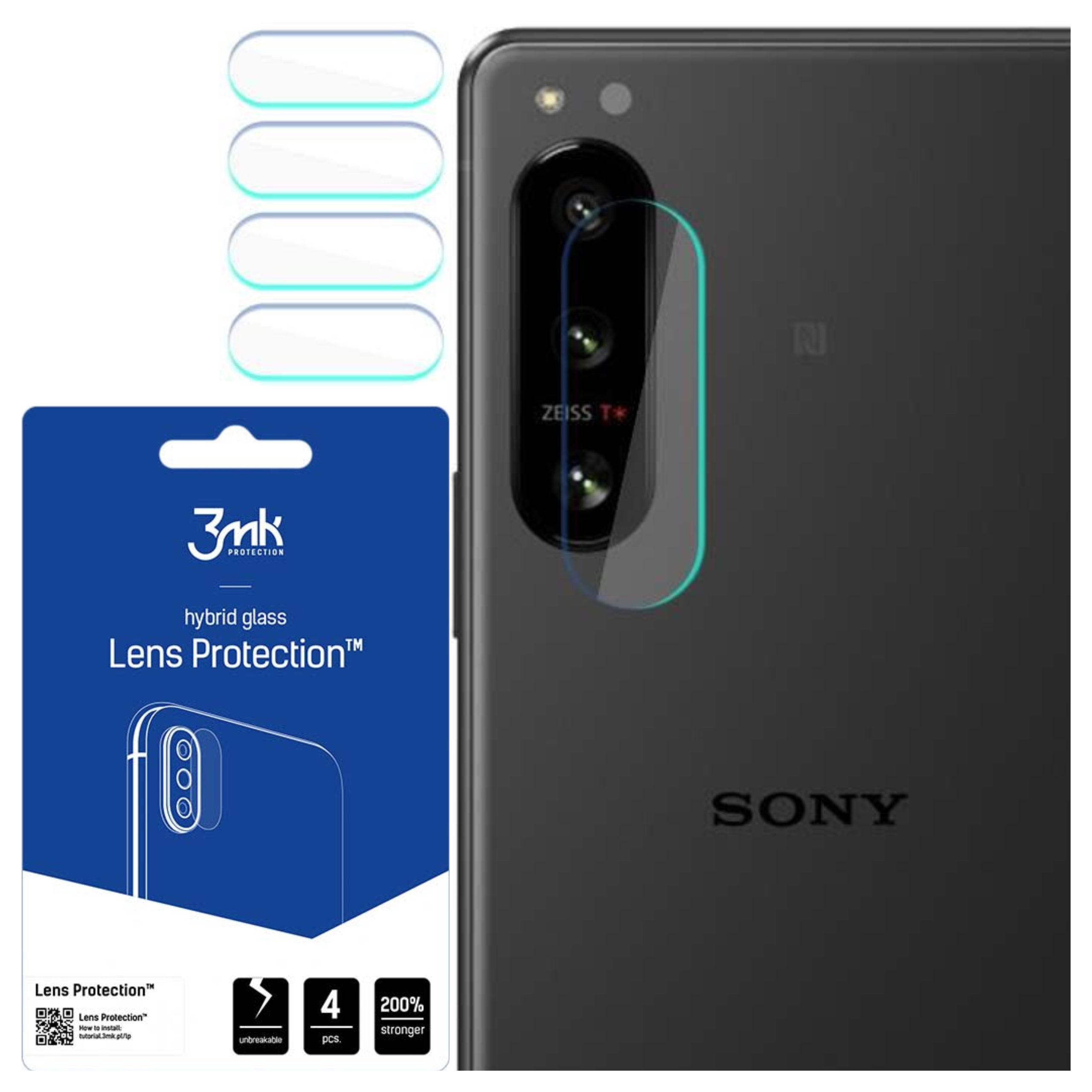 Un telefono con protezione dello schermo, una scatola del prodotto e un set di protezioni. Il testo sulla scatola dice protezione delle lenti.