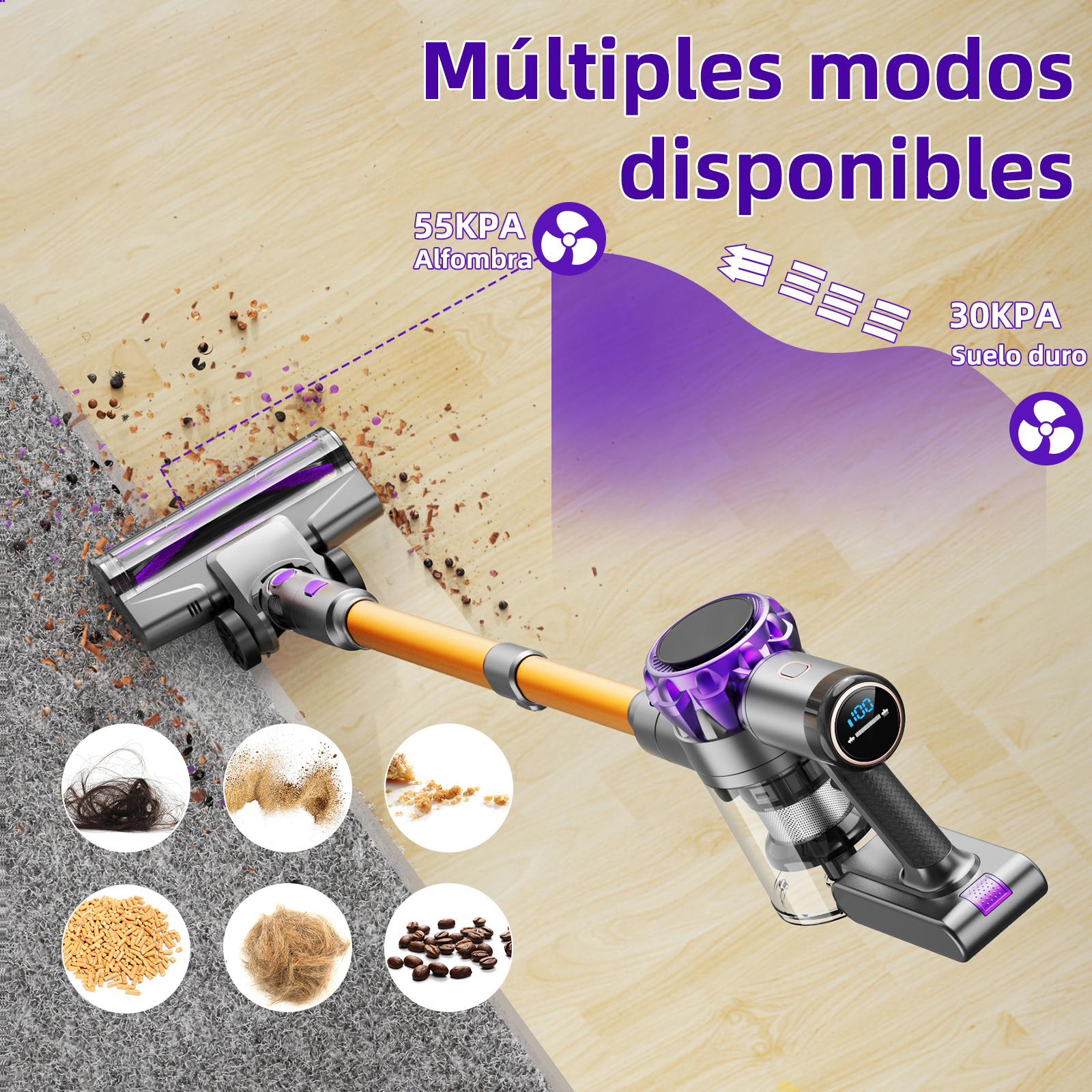 Aspiradora en suelo de madera. Texto: 'Múltiples modos disponibles'. Se muestra polvo, pelo, granos de café y otros residuos.