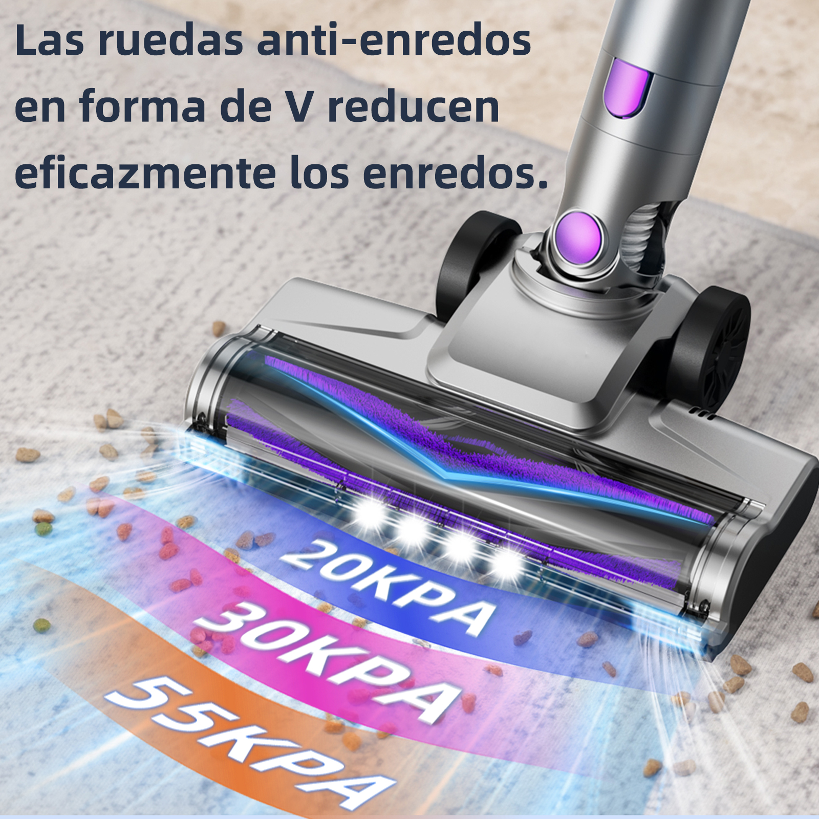 Cabezal de aspiradora con ruedas en V, cepillo morado e indicadores de succión (20, 30, 55 KPA) sobre una alfombra.