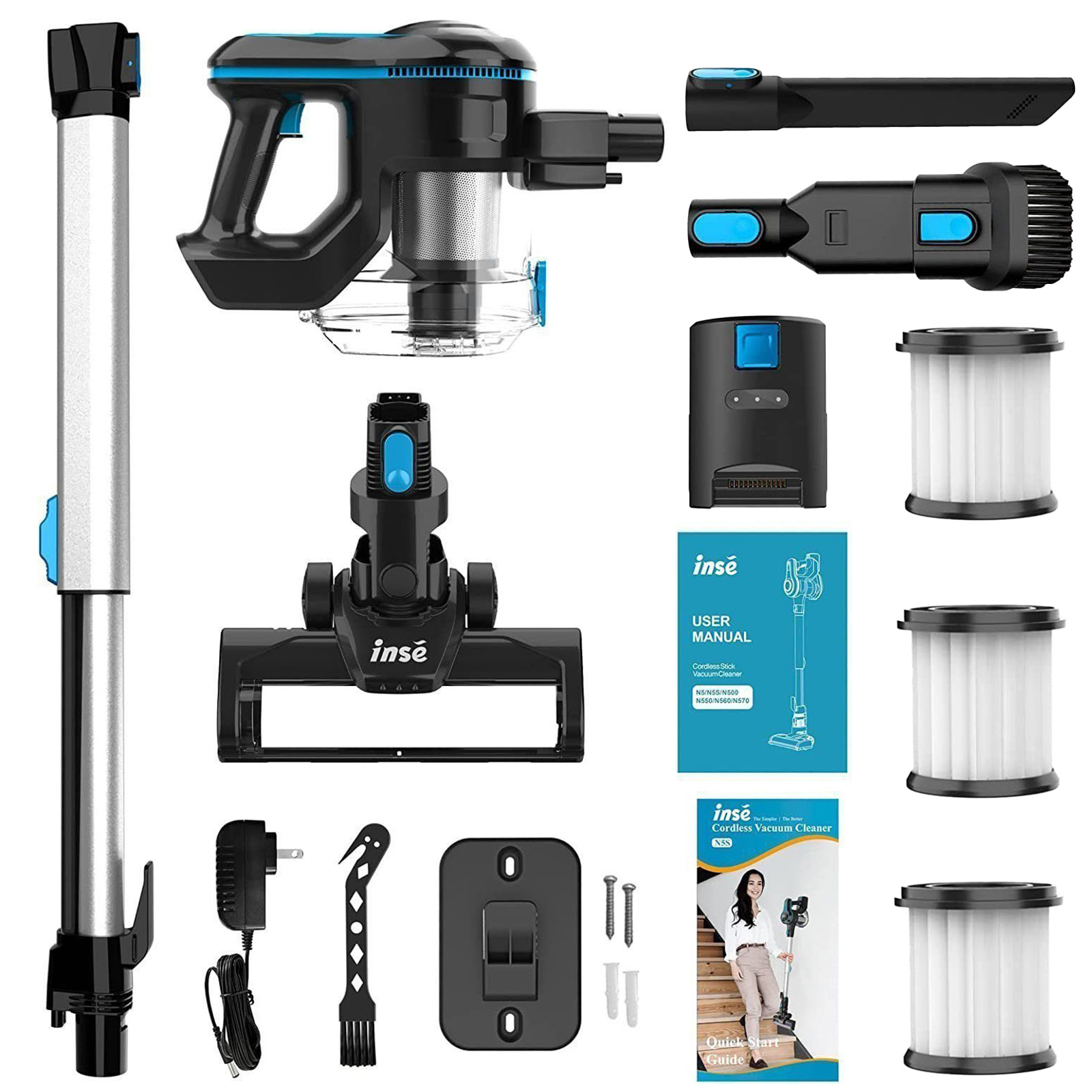 Zdemontowany odkurzacz bezprzewodowy z akcesoriami i instrukcjami. Czarne i niebieskie akcenty na białym tle.