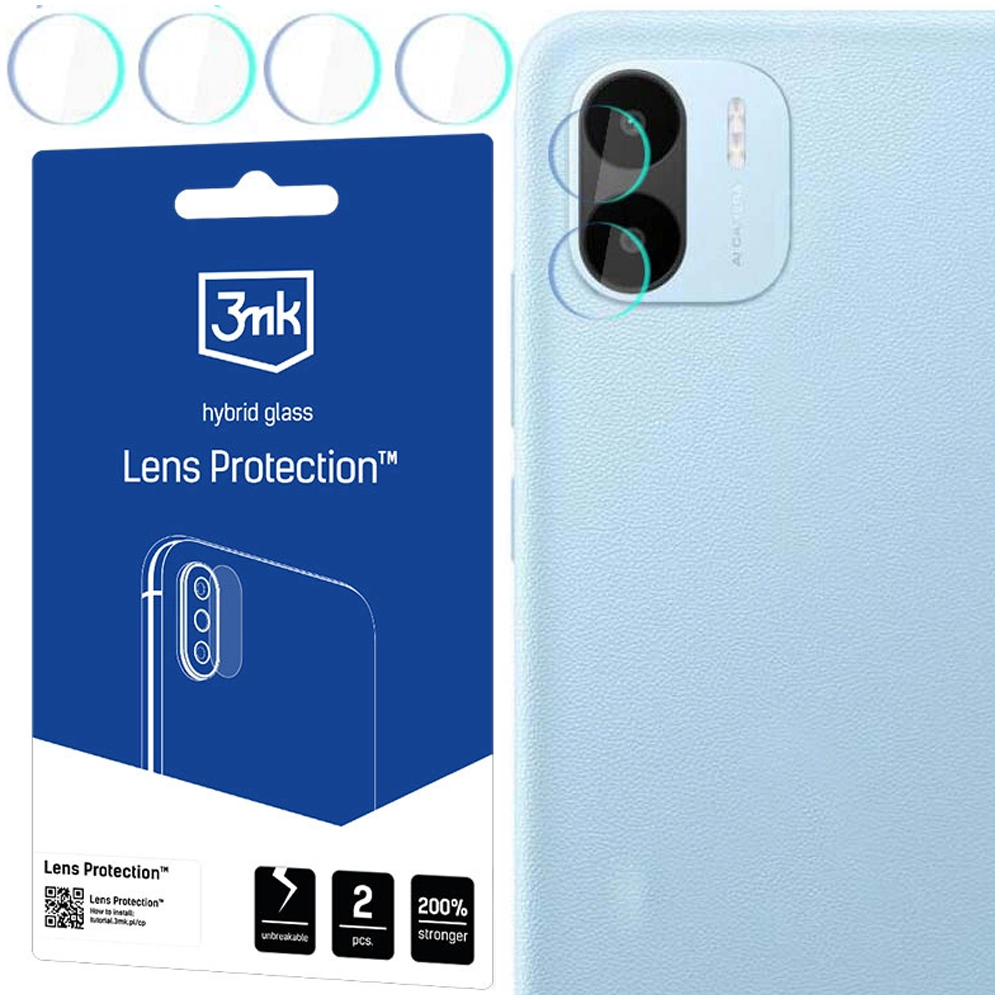 Un telefono con protezioni per l'obiettivo della fotocamera. Una custodia blu per telefono è a destra. Un pacco di protezione dell'obiettivo è a sinistra.
