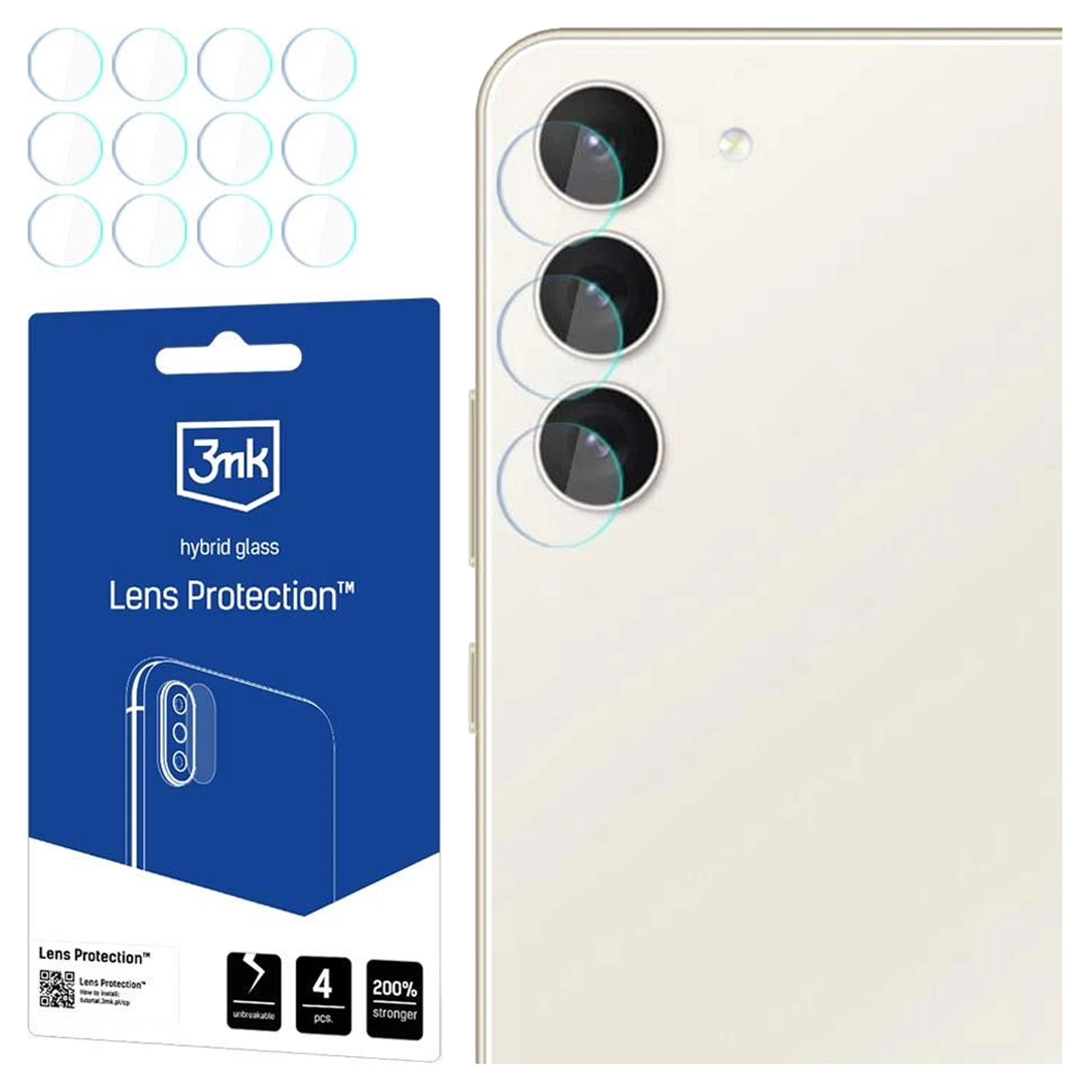 L'immagine mostra un telefono con protezioni per lenti, un pacco di protezioni e diversi protezioni sciolte. Il pacco è blu e bianco.