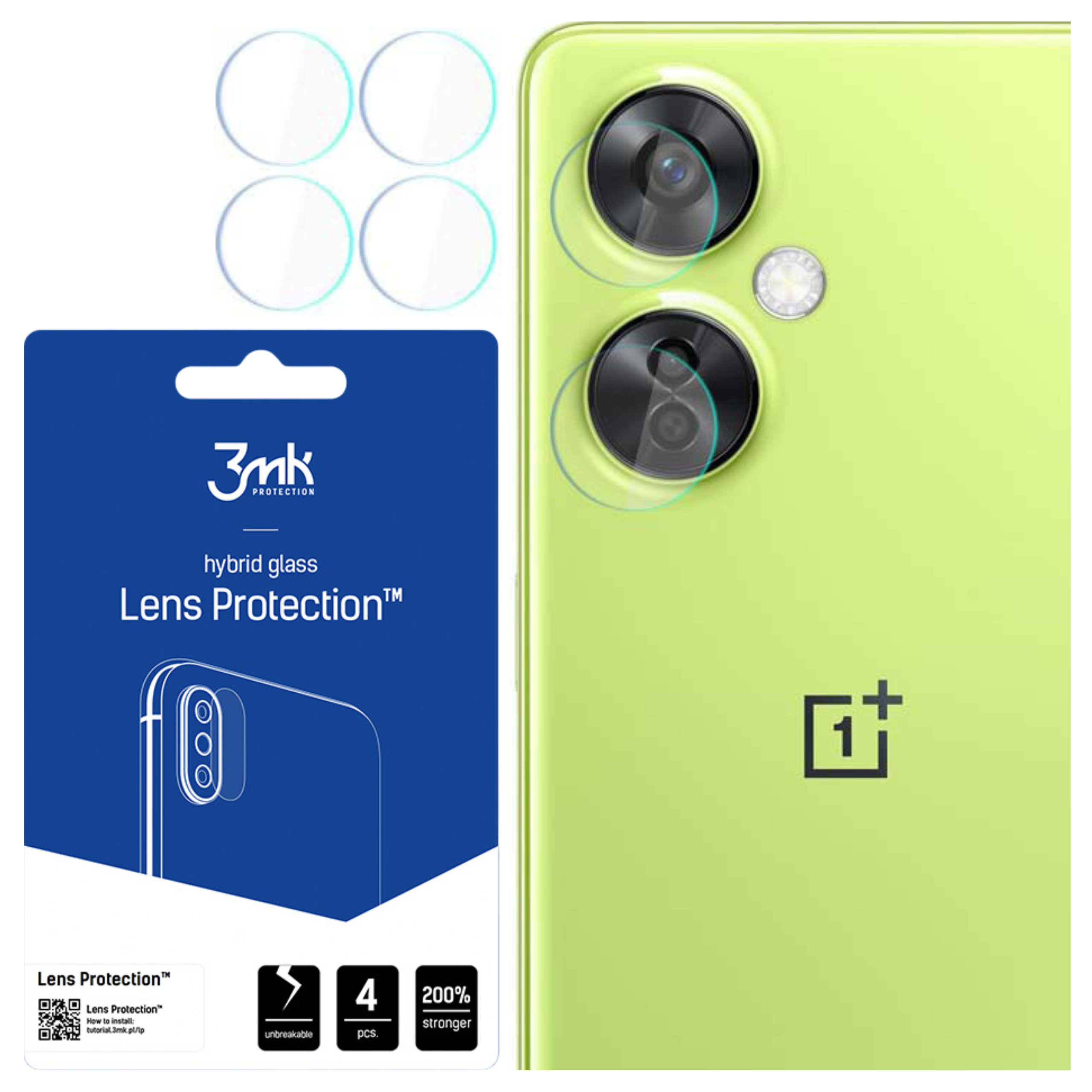 Un telefono e protezioni per lenti sono esposti. Il telefono è verde chiaro, le protezioni sono cerchi trasparenti. La confezione è blu.