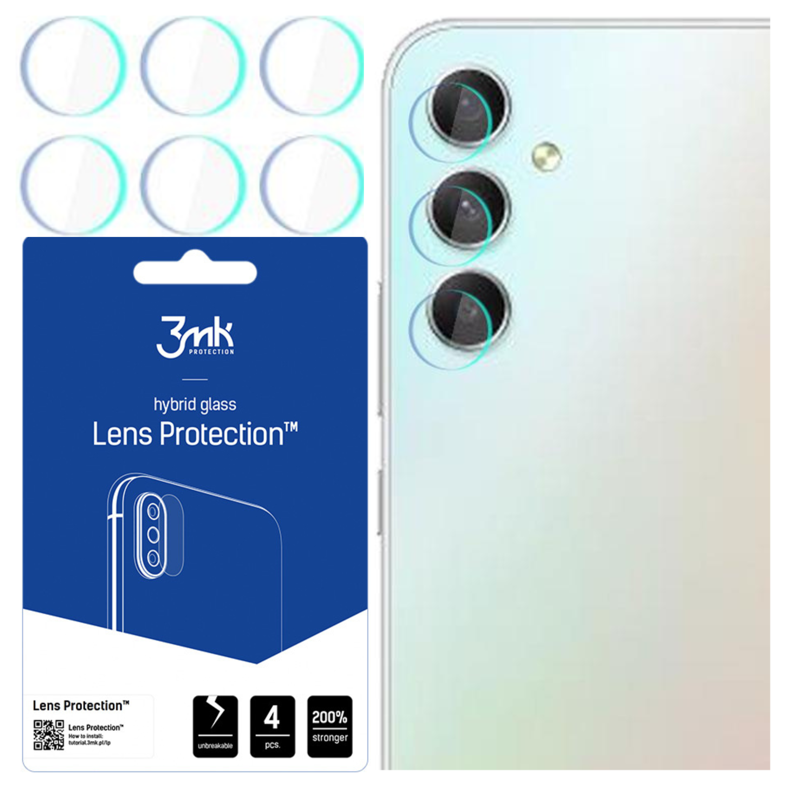 Un telefono e protezioni per lenti. La confezione mostra le protezioni per lenti e le fotocamere del telefono. Dettagli.