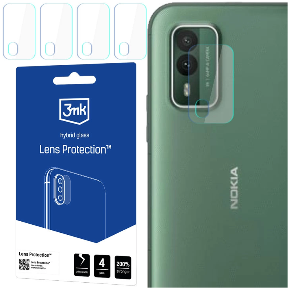 Un kit di protezione per lenti del telefono con un retro telefono. Il kit include protezioni e una scheda blu. Il telefono è verde, con il logo Nokia.