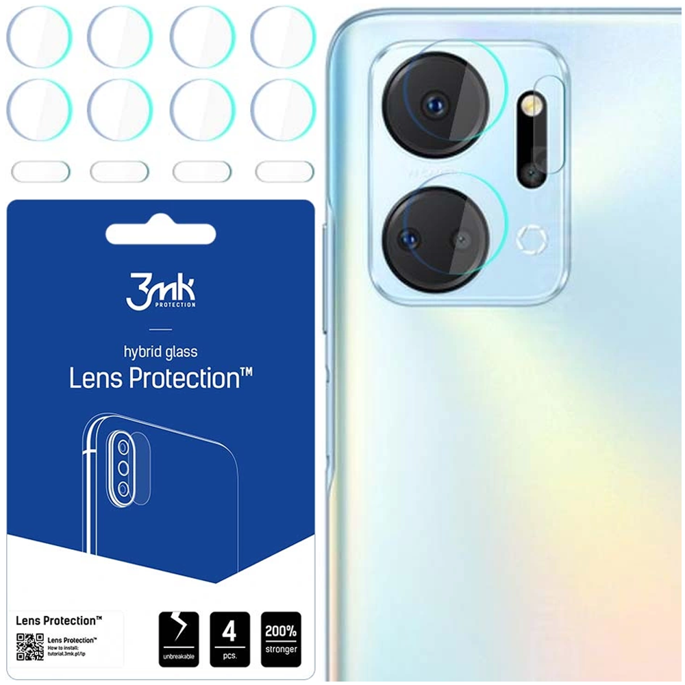 Un telefono e protezioni per lenti. La confezione mostra il nome del prodotto. Il telefono ha un rigonfiamento della fotocamera con protezioni applicate.