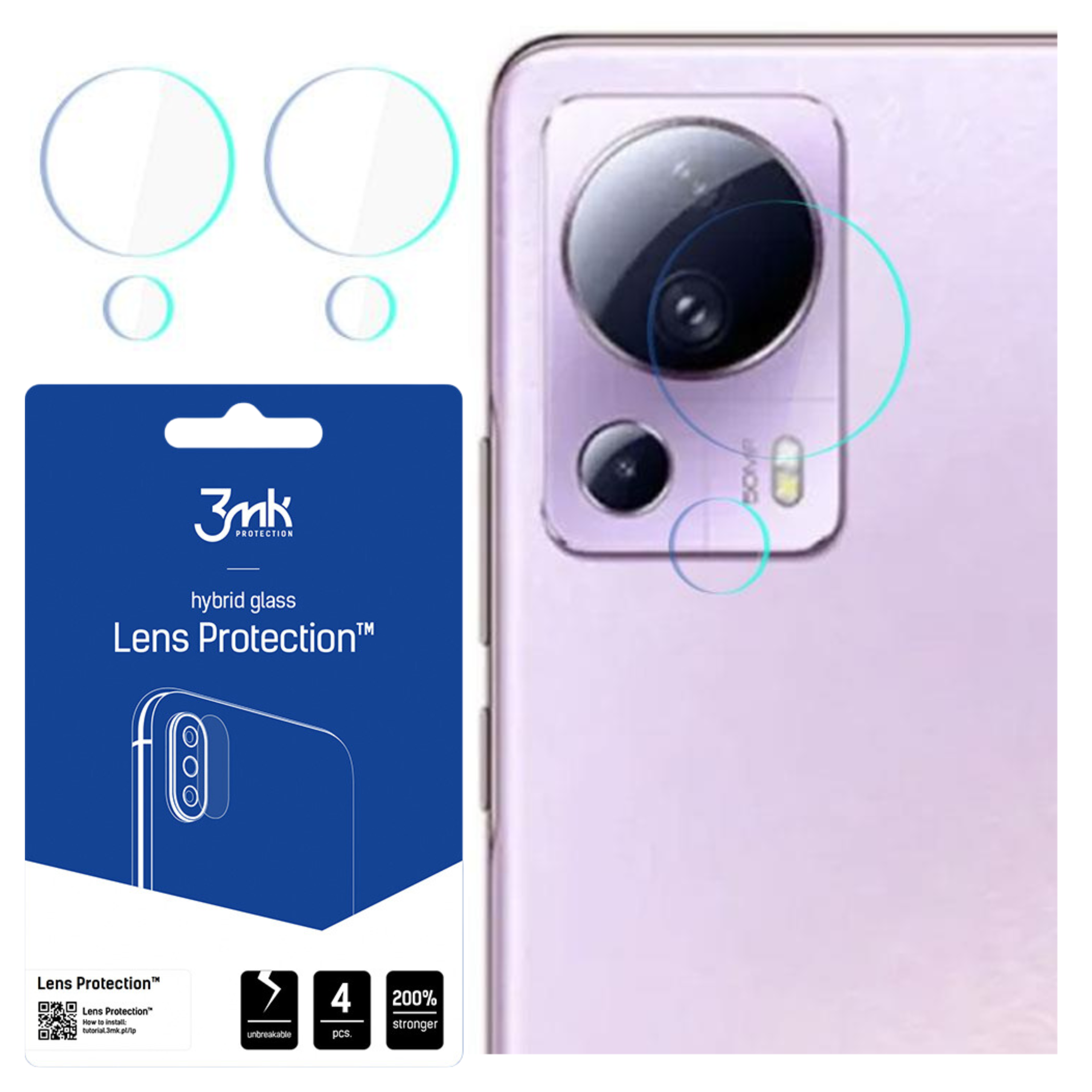 L'immagine mostra un telefono con protezioni per lenti, una confezione blu e occhiali di protezione per lenti.