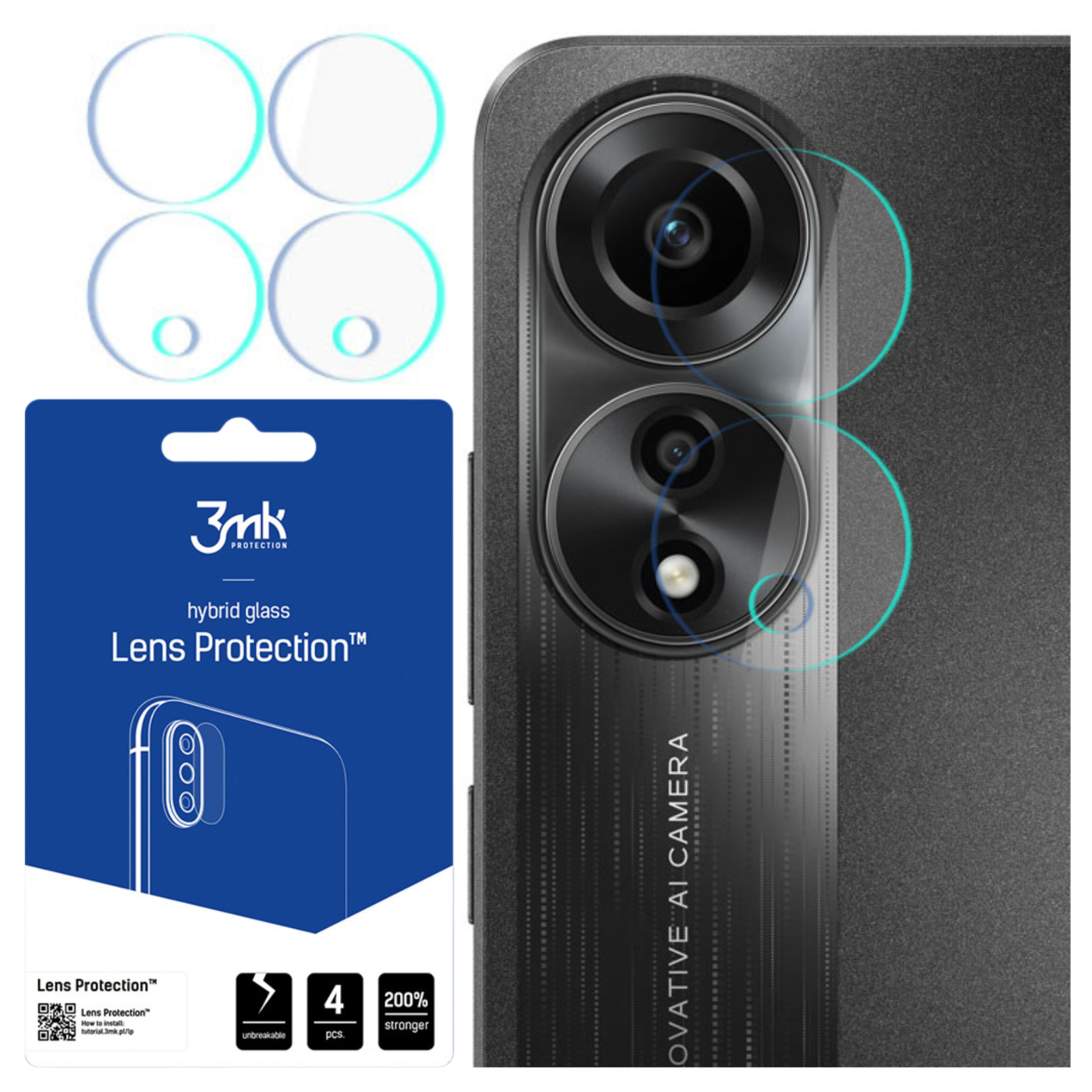 L'immagine mostra protezioni per lenti, una fotocamera del telefono e una confezione. I protettori sono trasparenti, il telefono è nero e la confezione è blu.