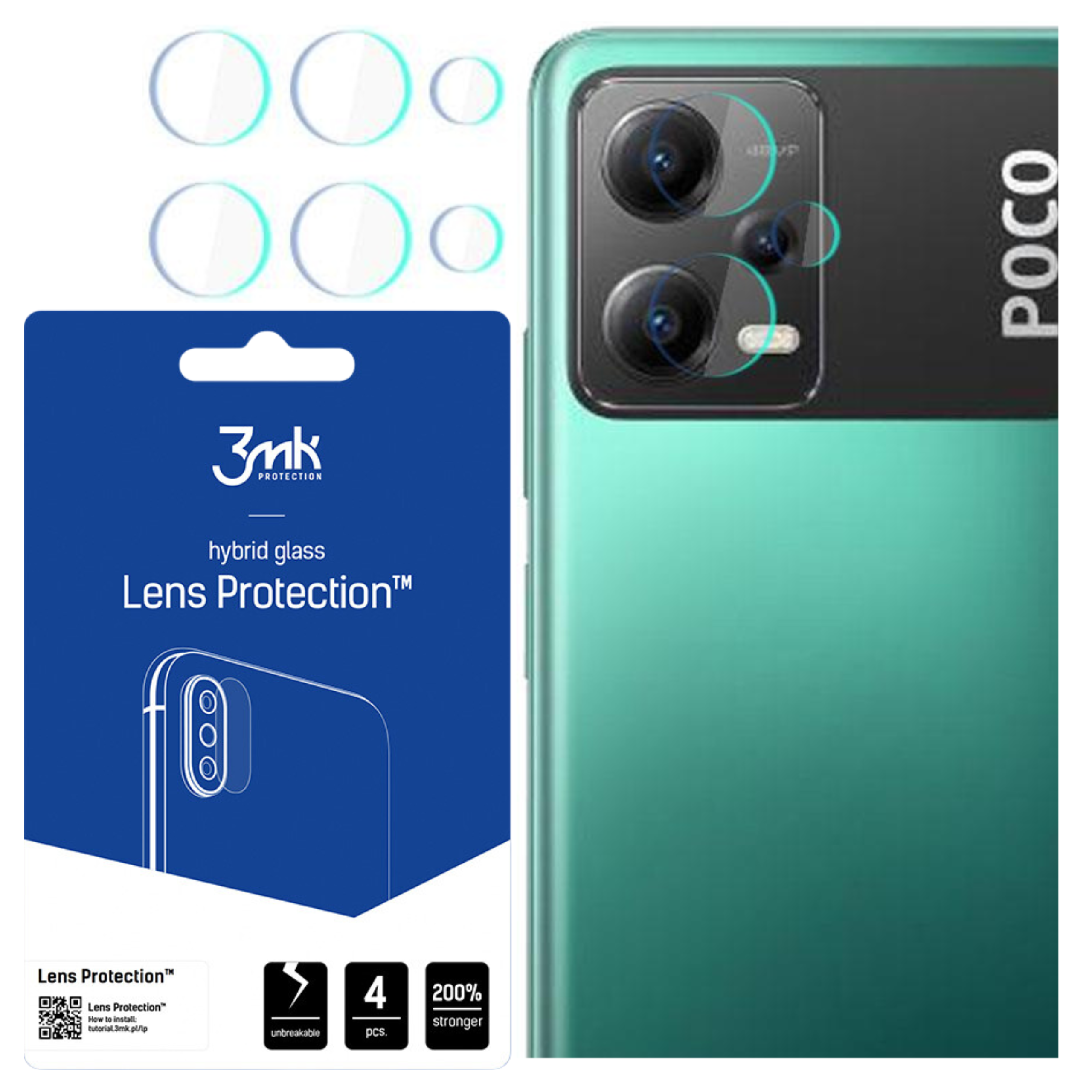 L'immagine mostra un telefono con protezioni per lenti. È visibile anche una confezione blu con testo e protezioni per lenti rotonde.