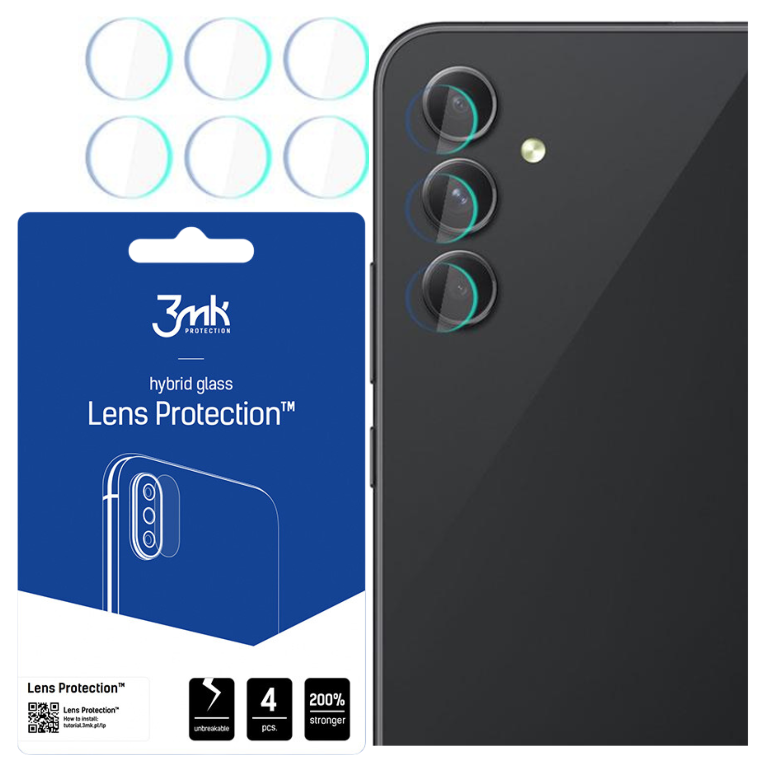 Obrazek przedstawia telefon z osłonami obiektywu. Niebieskie opakowanie z tekstem znajduje się po lewej stronie. Telefon jest po prawej.