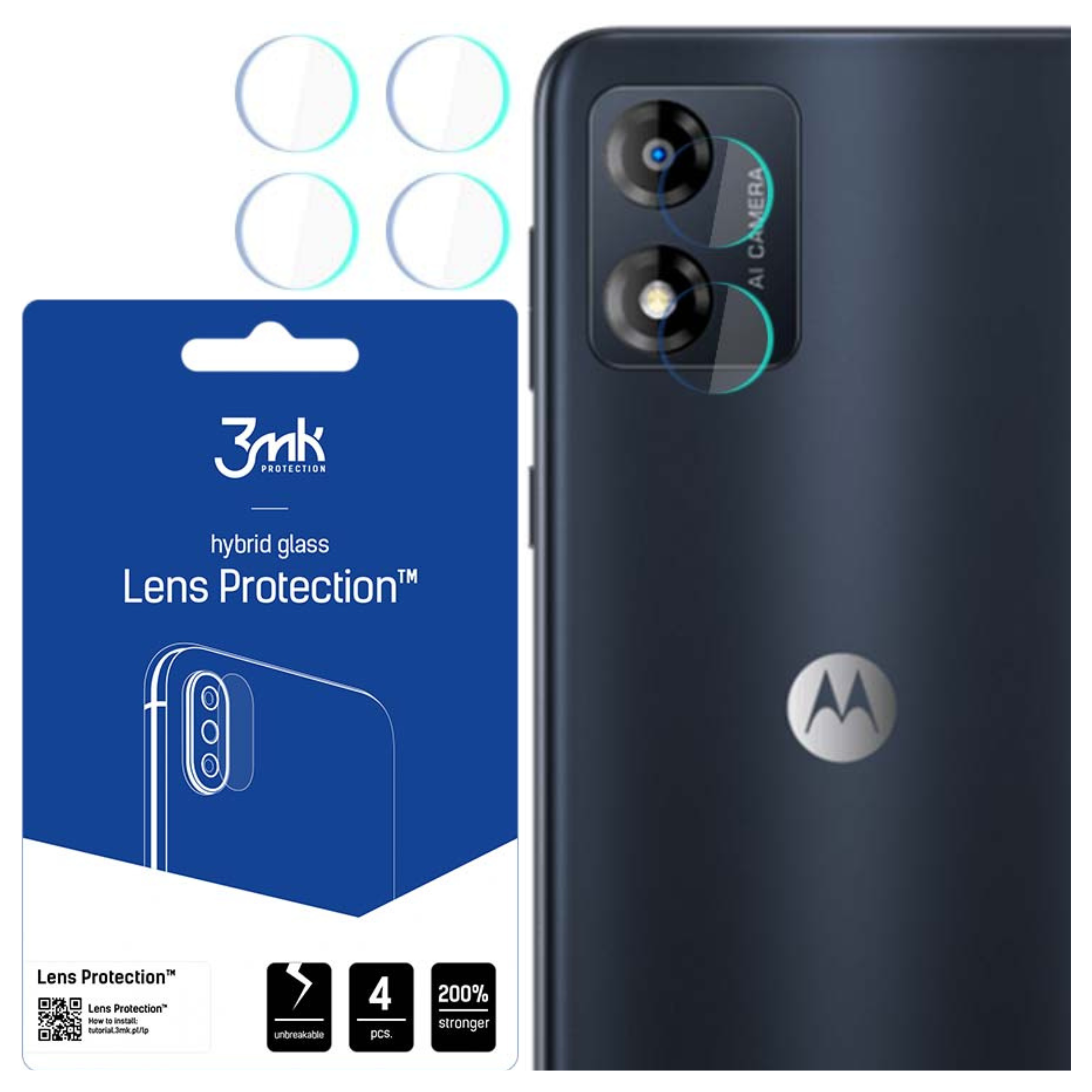 L'immagine mostra un telefono e protezioni per lenti. Il telefono è blu scuro. Una confezione di protezioni per lenti è a sinistra.