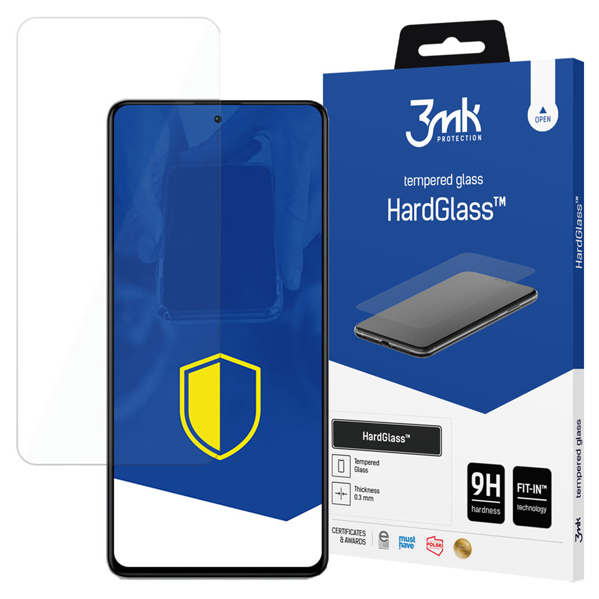 Un proteggi schermo per telefono con la sua confezione. La scatola dice HardGlass. C'è anche un telefono.