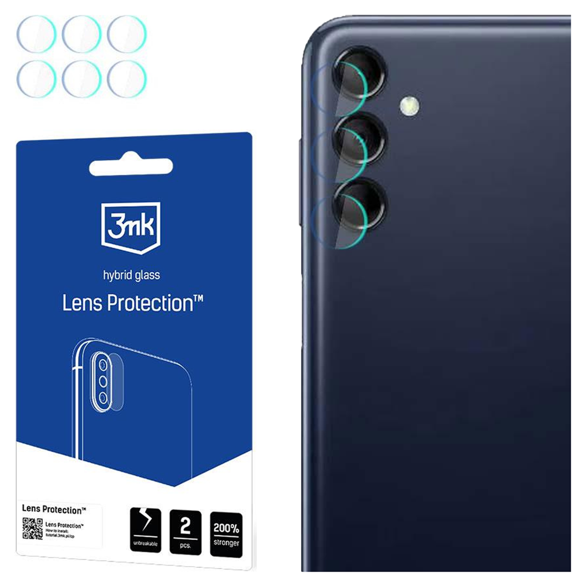 Vengono mostrati un telefono e una confezione di protezioni per lenti. Il telefono è blu scuro. La confezione è blu e bianca.