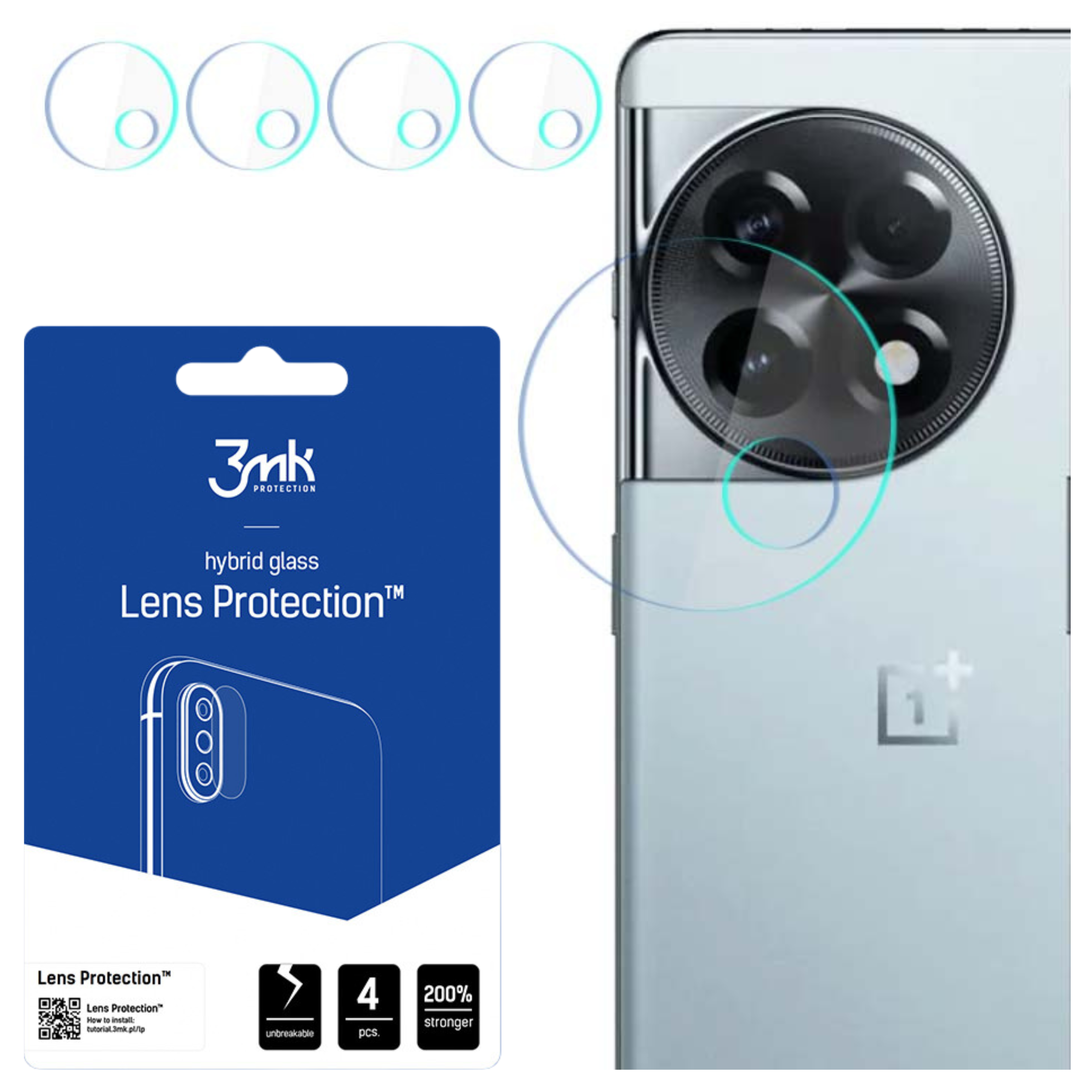 Un teléfono y un protector de lente. El embalaje del protector tiene texto y un gráfico de teléfono.